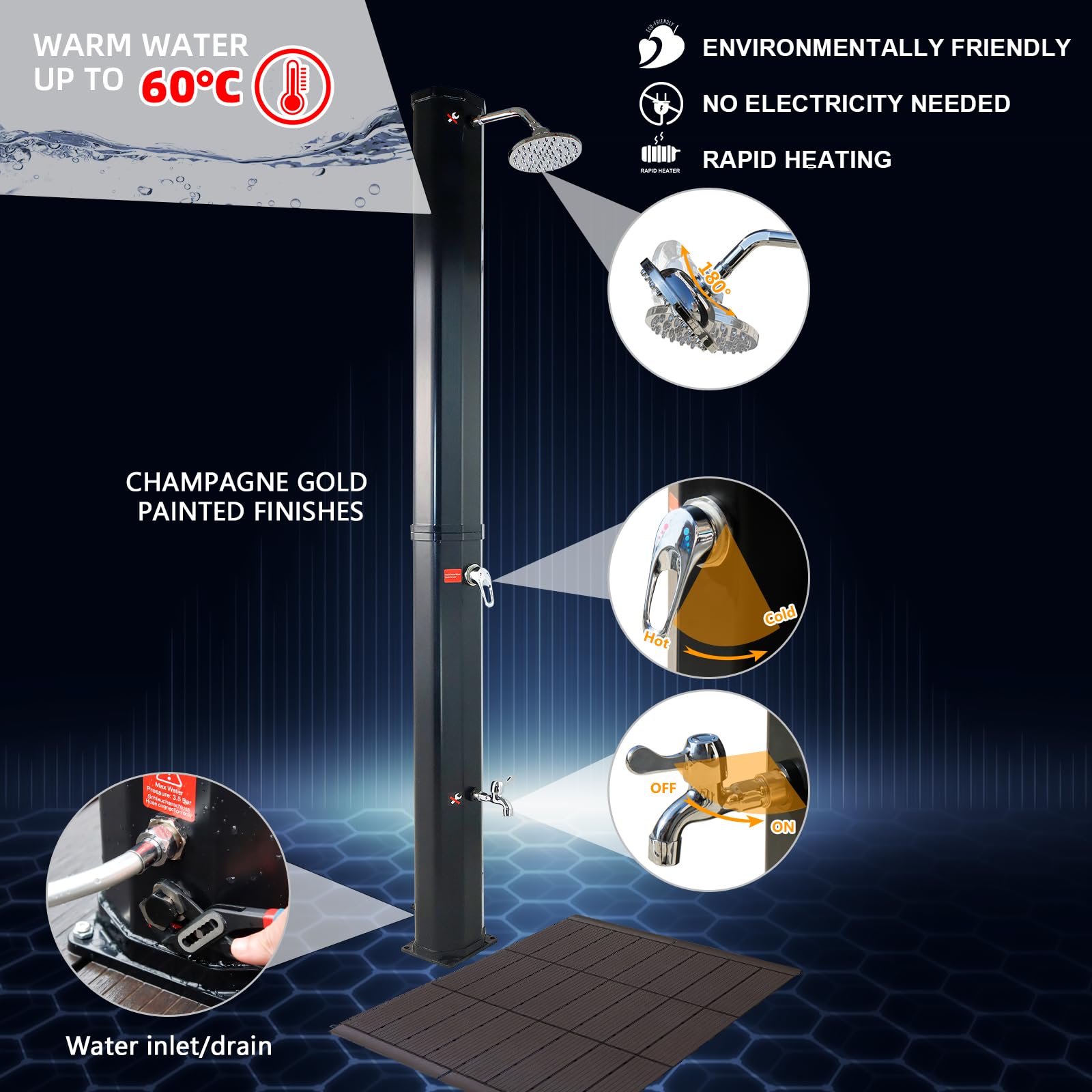 CCLIFE Prysznic solarny, 40 litrów, słoneczny prysznic ogrodowy z plastikową podłogą i osłoną ochronną, słuchawka prysznicowa, regulowana temperatura wody do 60°, do basenu plażowego