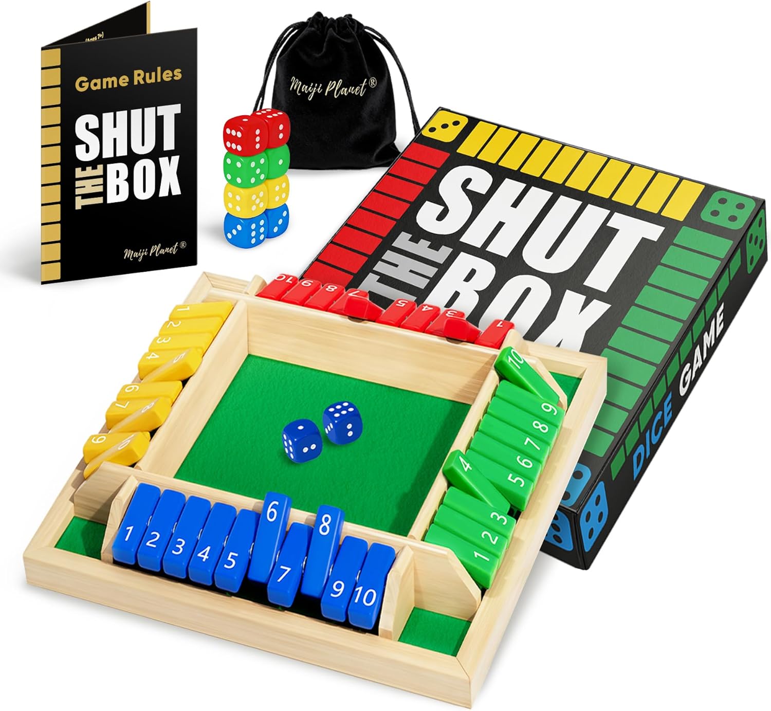 Flybean Original Classic Shut The Box, Math Dice Board Games for Family, Easy Quick and Fun Wooden Close The Box Number Game for Group Adult Senior, Travel Camp Party Bar, Colorful 1-4 Players