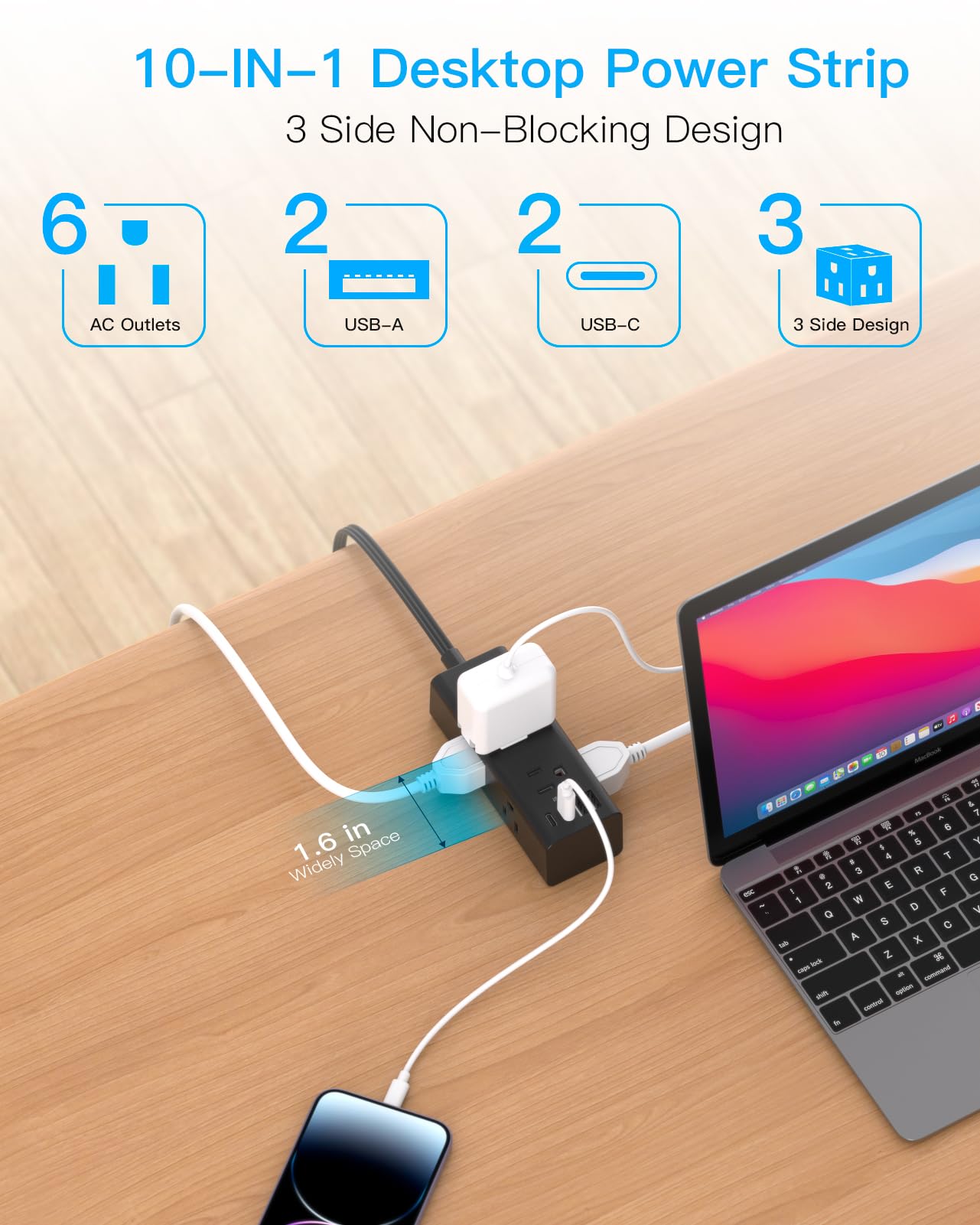 Câble d'extension de 3 m avec plusieurs prises, protection contre les surtensions à prise plate avec câble de 3 m de long, 6 prises, 3 ports USB (1 USB C), prise murale multiple pour voyage,