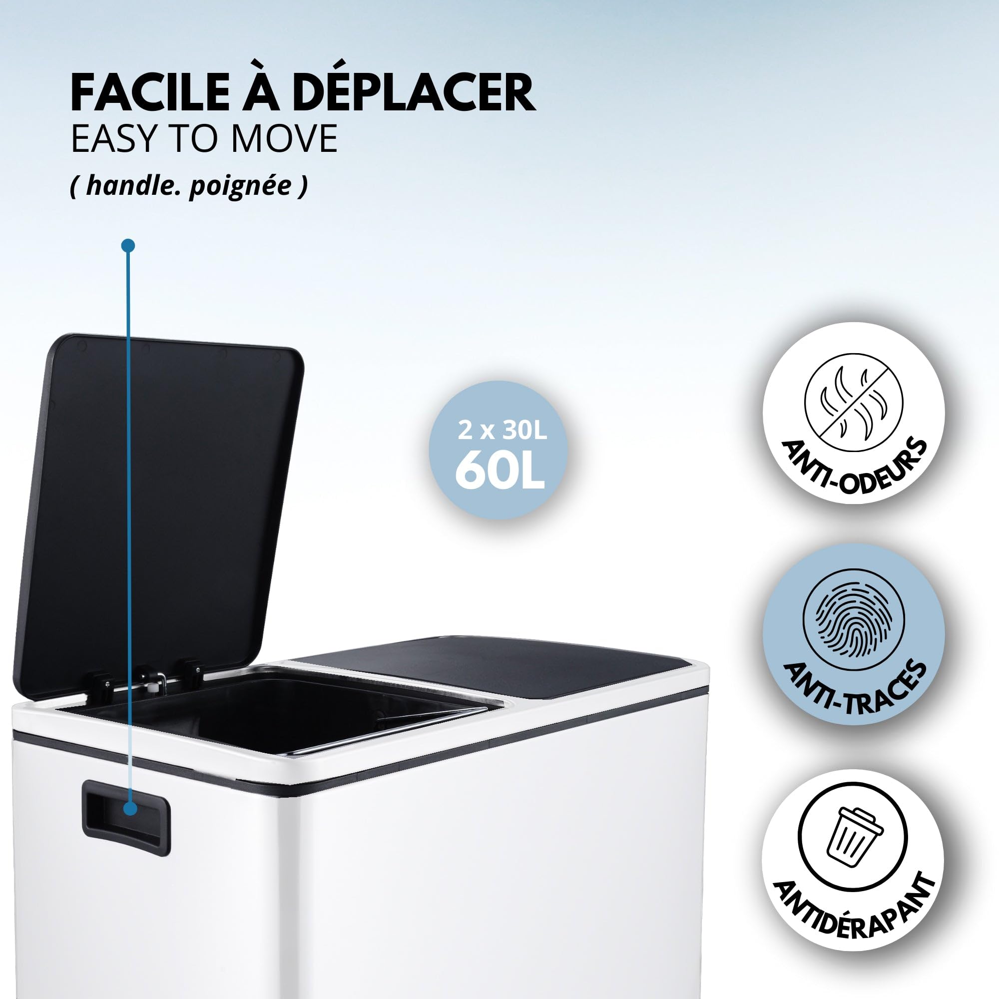 KITCHEN MOVE kosz kuchenny z pedałem selektywnym o dużej pojemności 60L (2x30L) MAJOR ze stali nierdzewnej biały