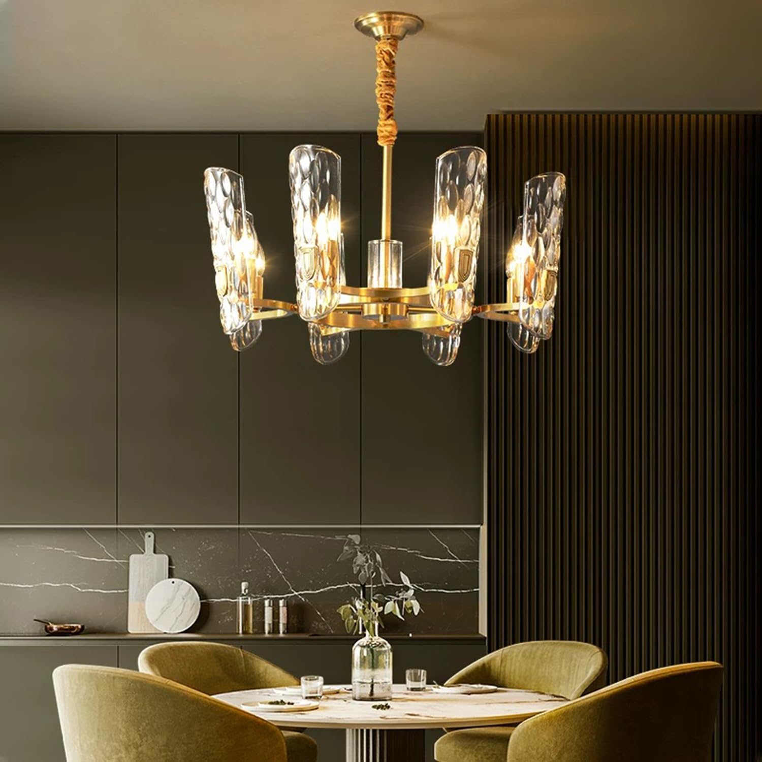Bofea-Modern Gold Water Ripple Glass Crystal Pendant Light Fixture 6-Light Round Chandelier Contemporary Flush Mount Pendant Ceiling Light for Kitchen Island Dining Room Foyer Entryway.