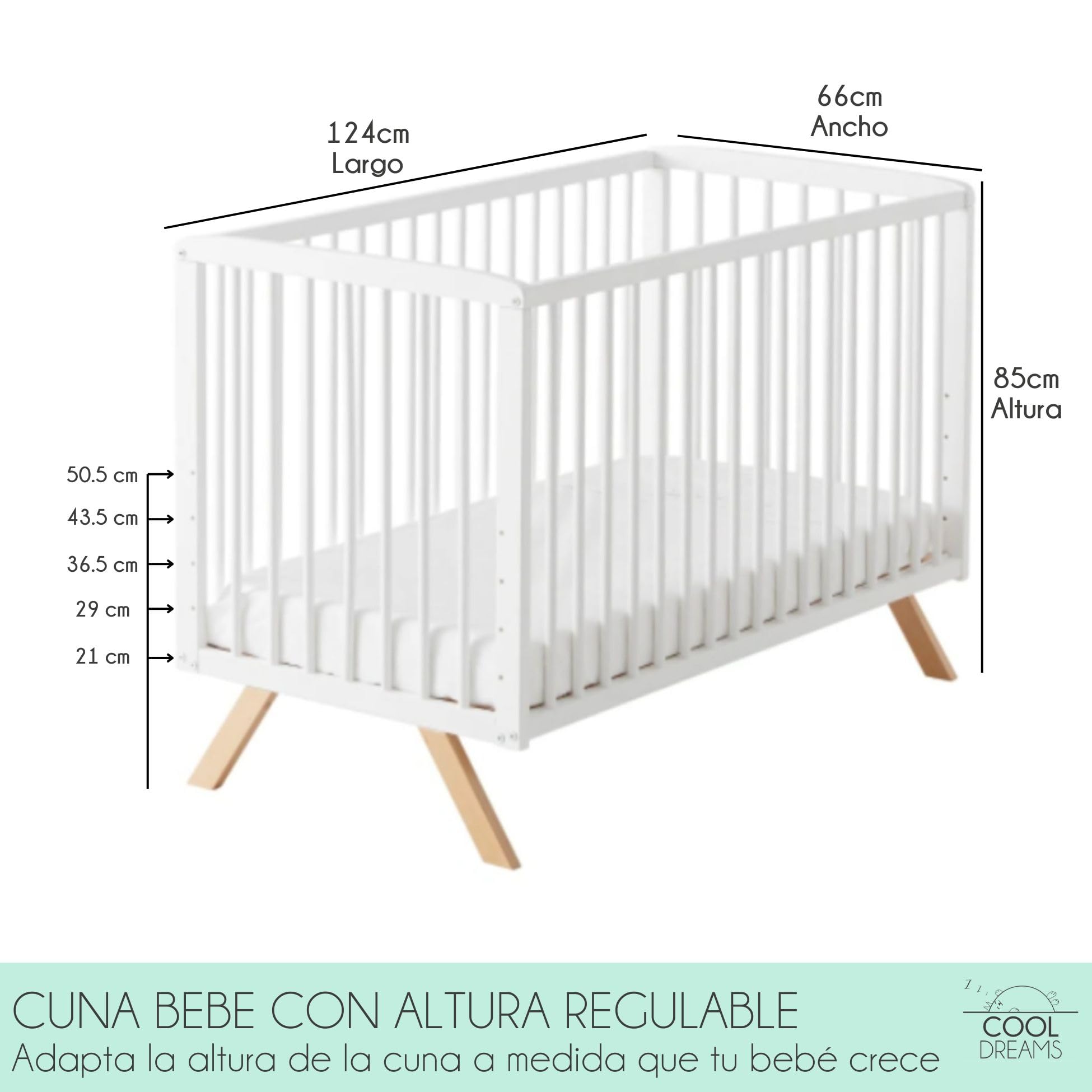 Cuna Convertible Nuru con Kit colecho para unir a la Cama y barandillas Blancas. Conforme a normativa Europea CoolDreams