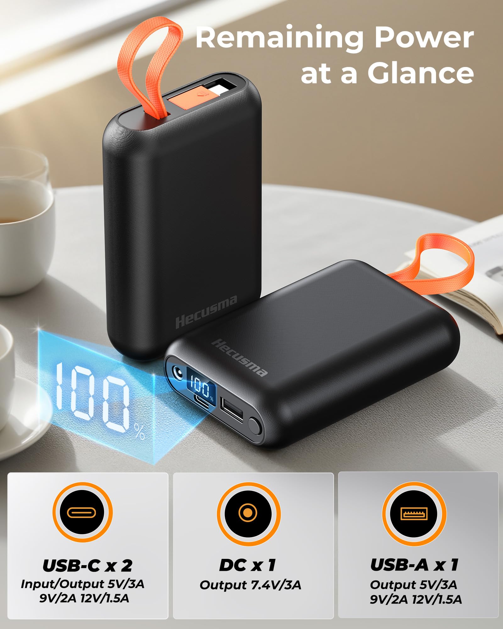 Batterie Externe pour Gilet Chauffant 7,4V 20000mAh, Batterie Veste Chauffante avec Câble USB-C Intégré, Power Bank Portable avec écran LED, 1 Port USB-C & A et DC, pour Gilet Chauffant Homme Femme