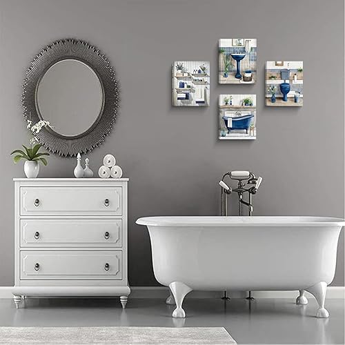 Miniatura 2 de Arte de pared para baño, fotos retro azules para decoración de pared, pósteres rústicos de lona de granja, juego de 4 (8 x 10 pulgadas sin marco)