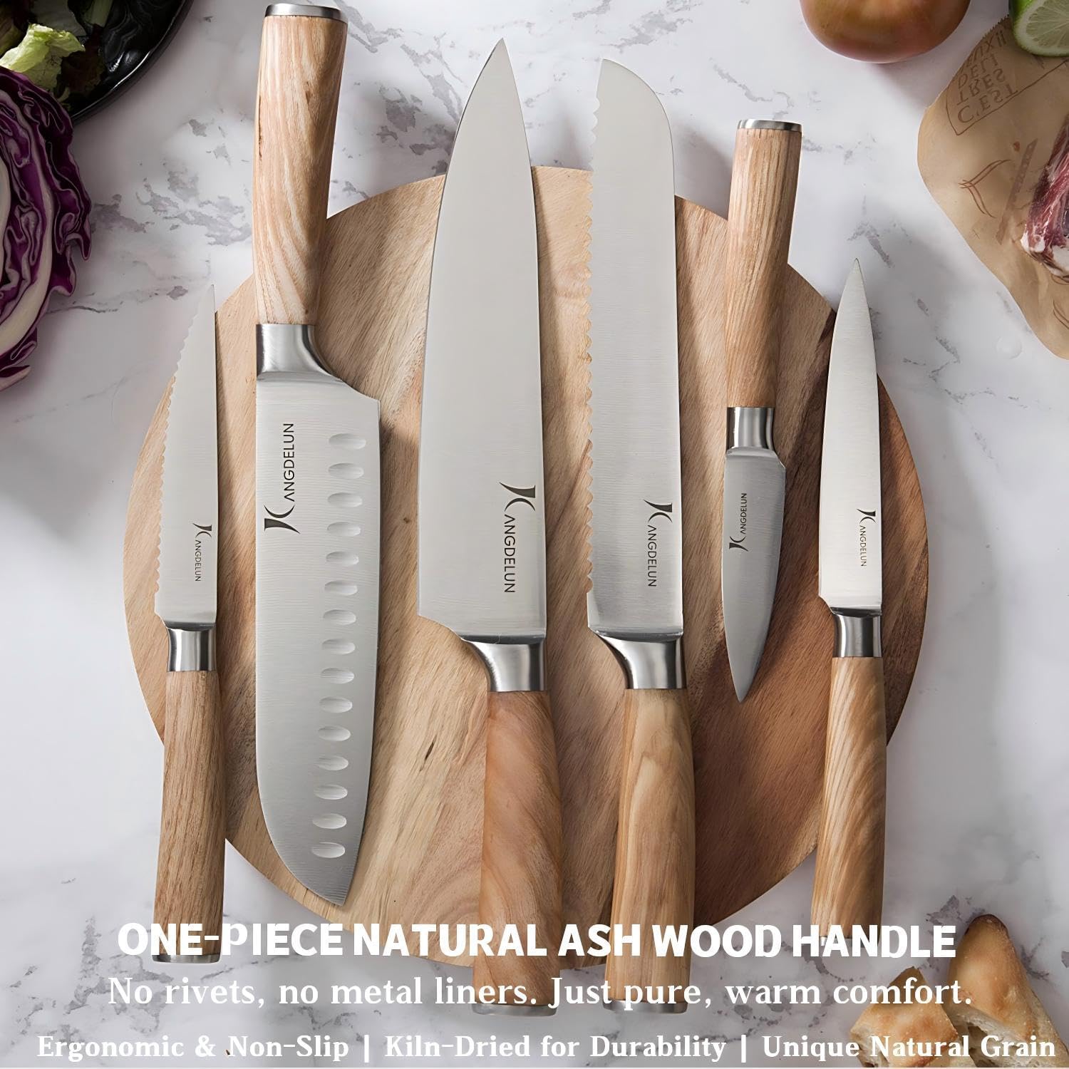 Ultra Sharp 15-Piece Kitchen Knife Set, High Carbon Stainless Steel Blades, Torrefied Natural Wood Handles, Ergonomic Design, Space-Saving White-Finished Wood Block, Easy Hand Wash, Gift Box - Image 4