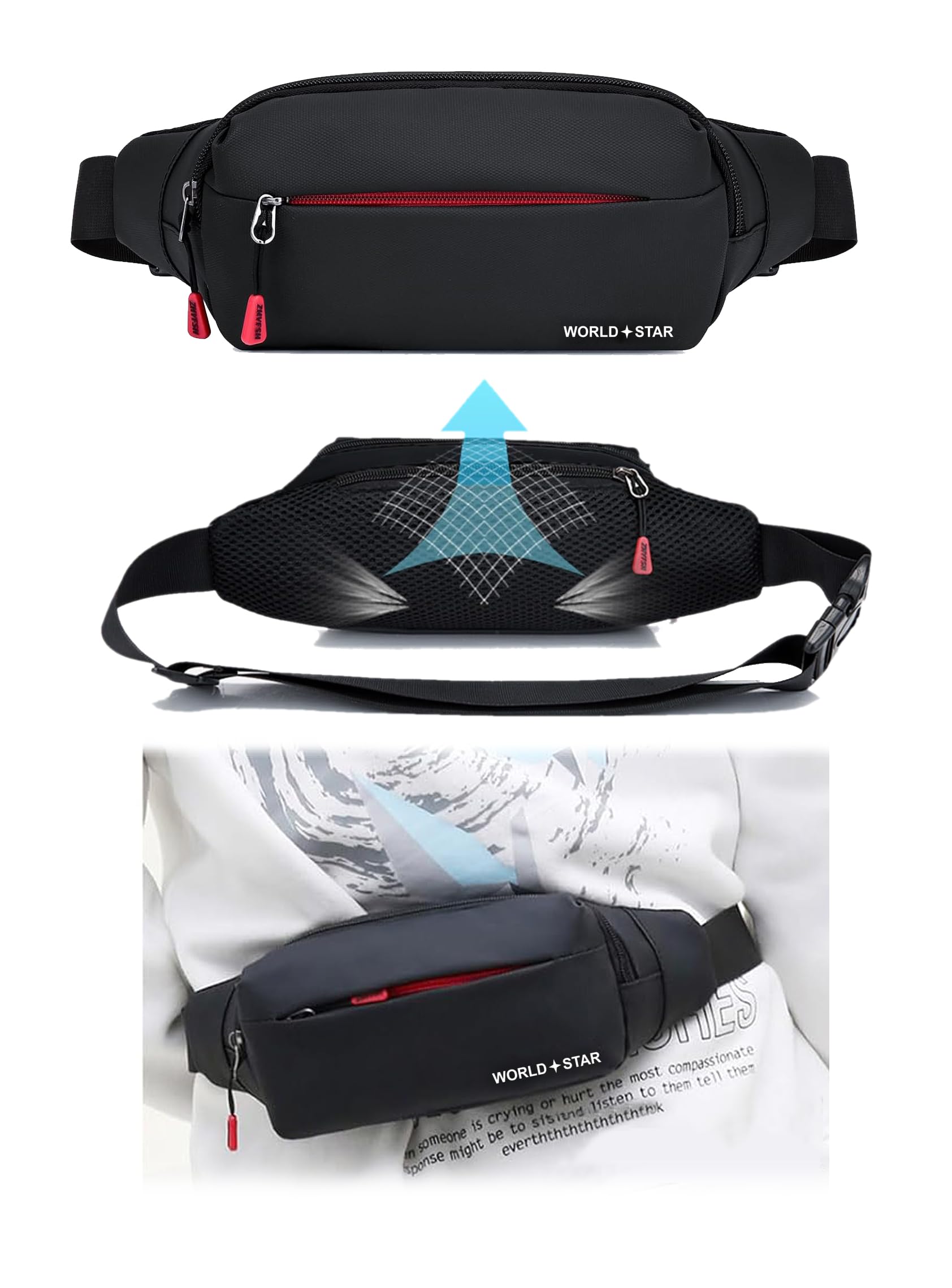 world star Lightweight Waist Pack for Men & Women | Adjustable Belt Bag for Travel, Running & Daily Use Color:- Black red-picture-17
