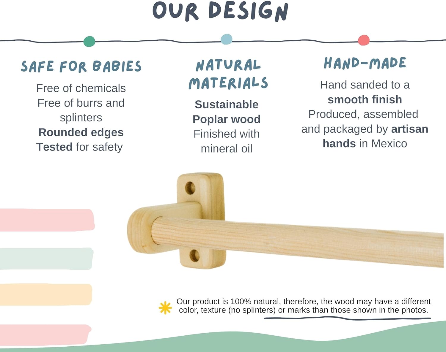 32.5 in. Long Montessori Pull Up Bar for Babies | Excercise Guide, Hand-Made, Assembled, Quality Wooden Toy Bar for Infants, Ballet Bar for Toddlers.