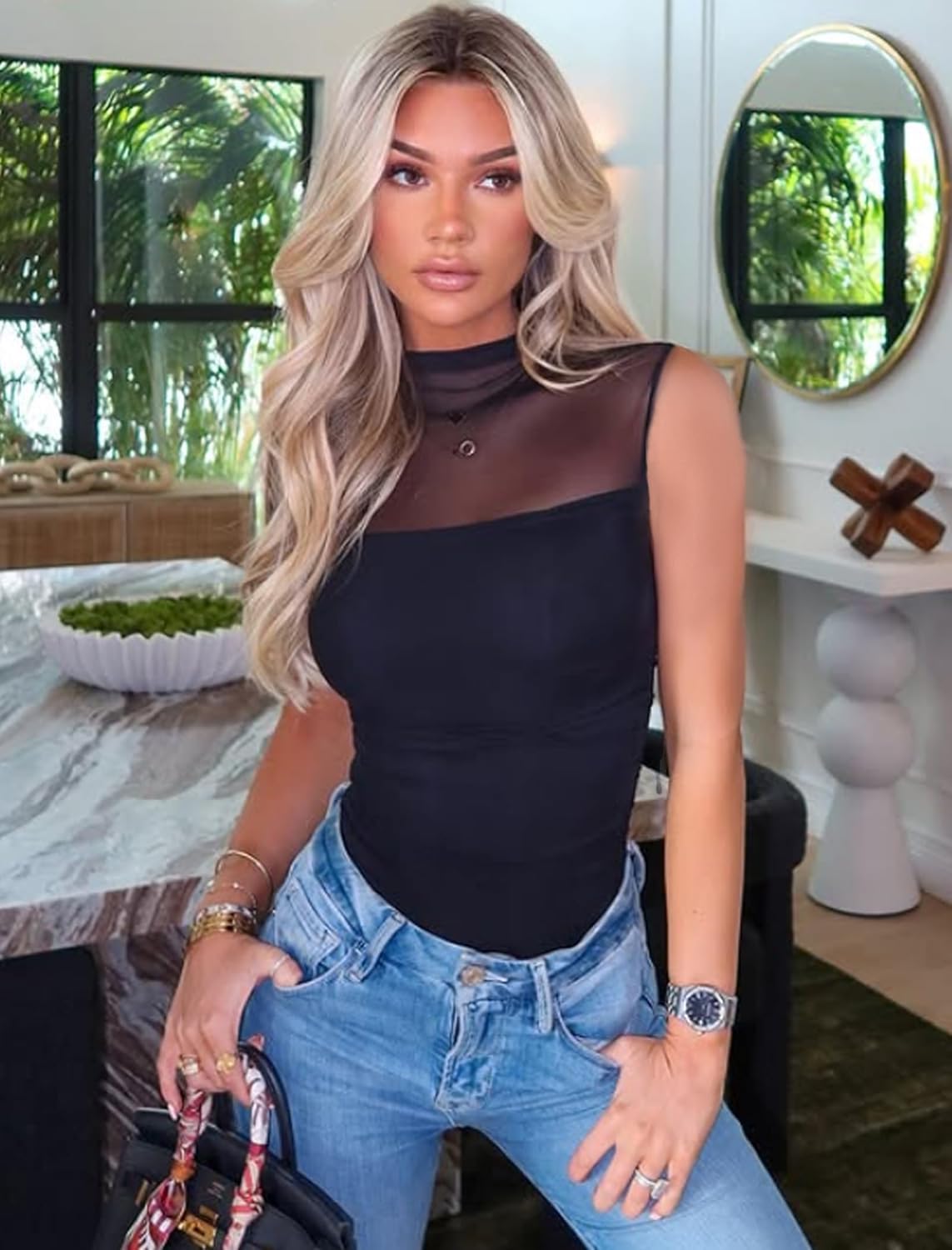 Avidlove Women's Mock Neck Mesh Bodysuit Ruched Tank Body Suits Top Sheer One Piece Going Out Tops Classy Outfits - Image 3