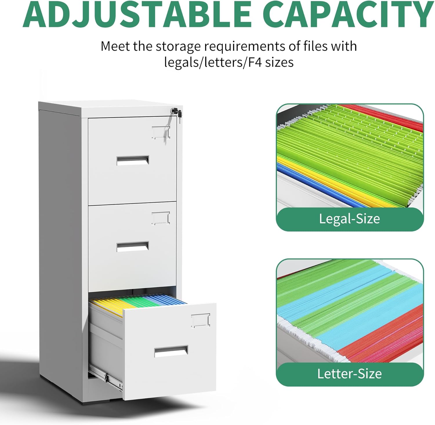 3 Drawer File Cabinet, Vertical File Cabinets with Lock for Home Office,Heavy Duty Office Steel Filing Cabinet for Hanging Letters/Legal/A4, Assembly Required (White)