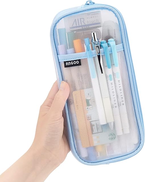 EASTHILL Grid Mesh Pen Pencil Case with Zipper Clear Makeup Color Pouch Cosmetics Bag Multi-Purpose Travel School Teen Girls Transparent Stationary Bag Office Organizer Box for Adluts-Blue