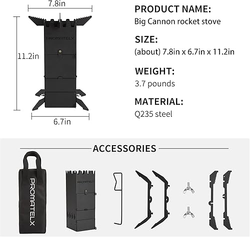 Miniatura 7 de Estufa de cohete portátil, estufa de leña y estufa de mochilero, diseño resistente al viento con bolsa de transporte, perfecta para patio trasero y
