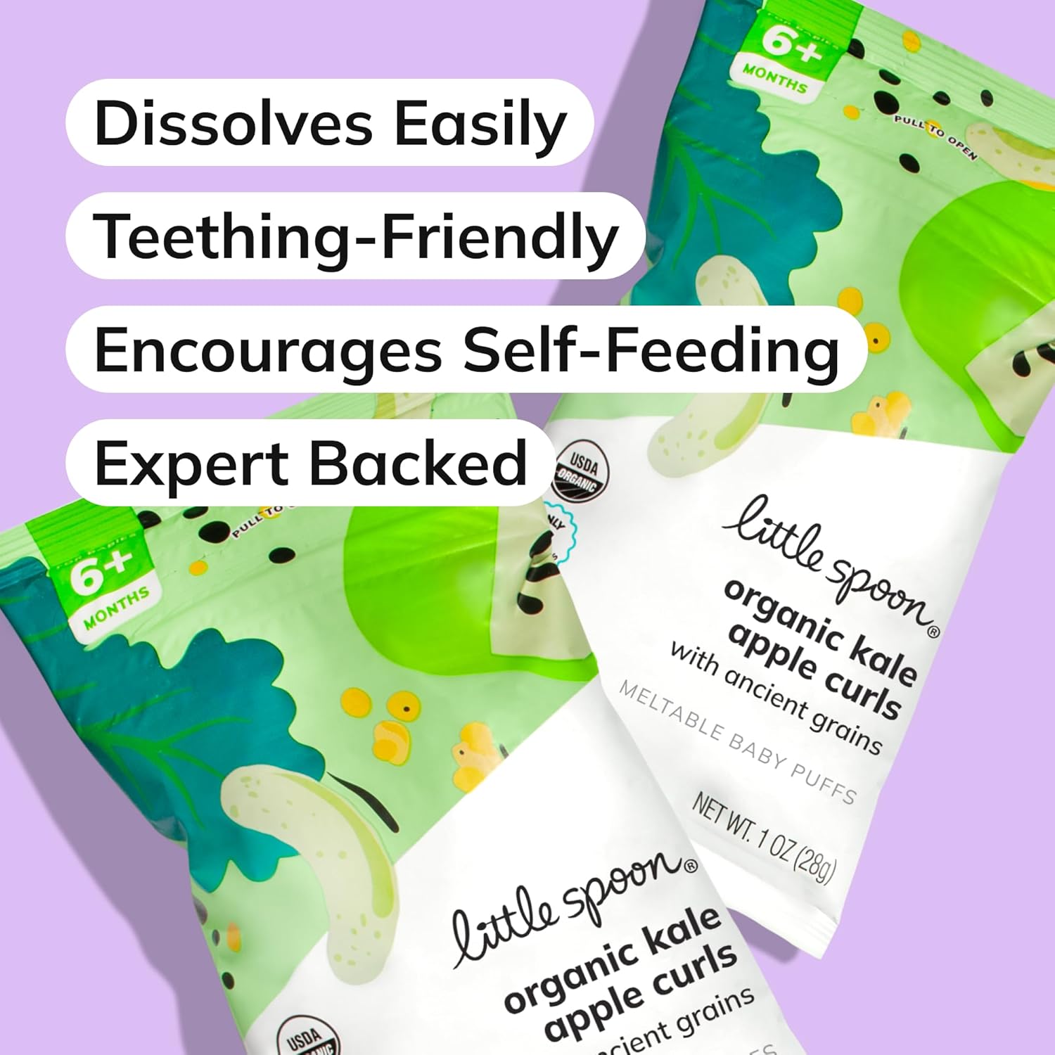 Little Spoon Kale Apple Meltable Baby Puffs, Organic Corn Quinoa Sorghum, No Rice, No Added Sugar Snacks, Encourages Self-Feeding, 1 Oz Bag, 4 Pack - Image 6