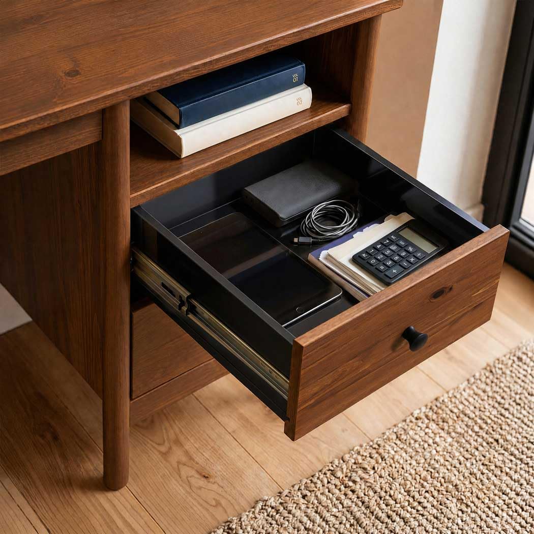 Close-up of the solid wood leg and crossbar design of the IDIMEX Bossa Desk.