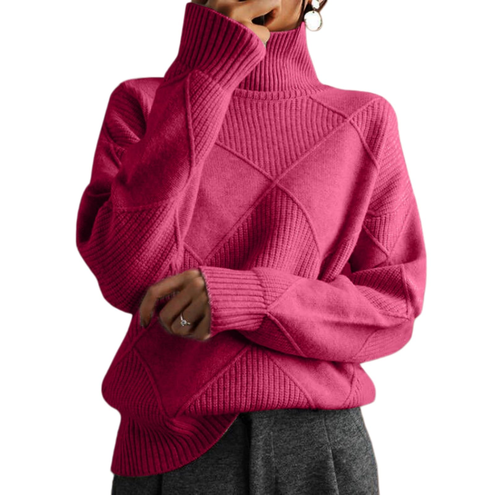 Maglione da donna oversize a collo alto in maglia a diamante | Maglione lavorato a maglia a coste geometriche del collo alto, cima di base calda di base di strato di lavoro