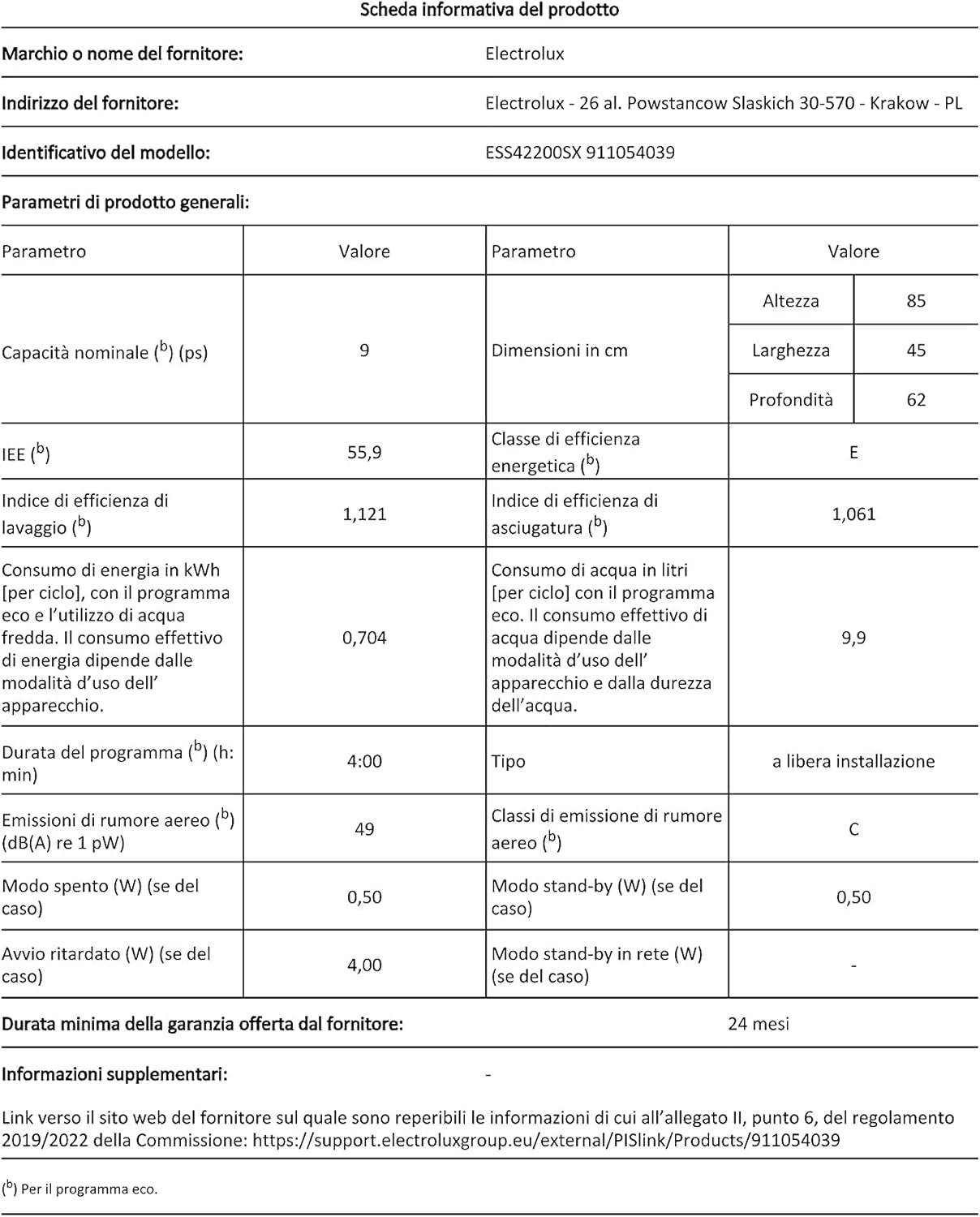 Electrolux ESS42200SX Lavastoviglie, 45 cm, 9 Coperti, 47 Decibel, Inox [Classe di efficienza energetica F]