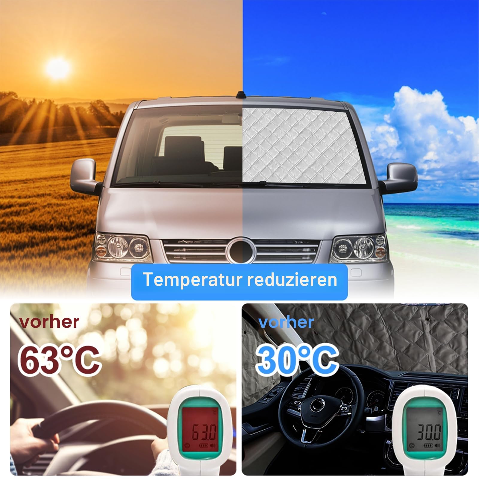Sonnenschutz Auto Frontscheibe Ersatz für VW T5 T6 SWB, 8PCS Sonnenschutz Windschutzscheiben Schutz Set, Internes Thermisches Jalousie Fenster Set mit Aufbewahrungstasche, 100% Okklusion (8PCS-SWB)