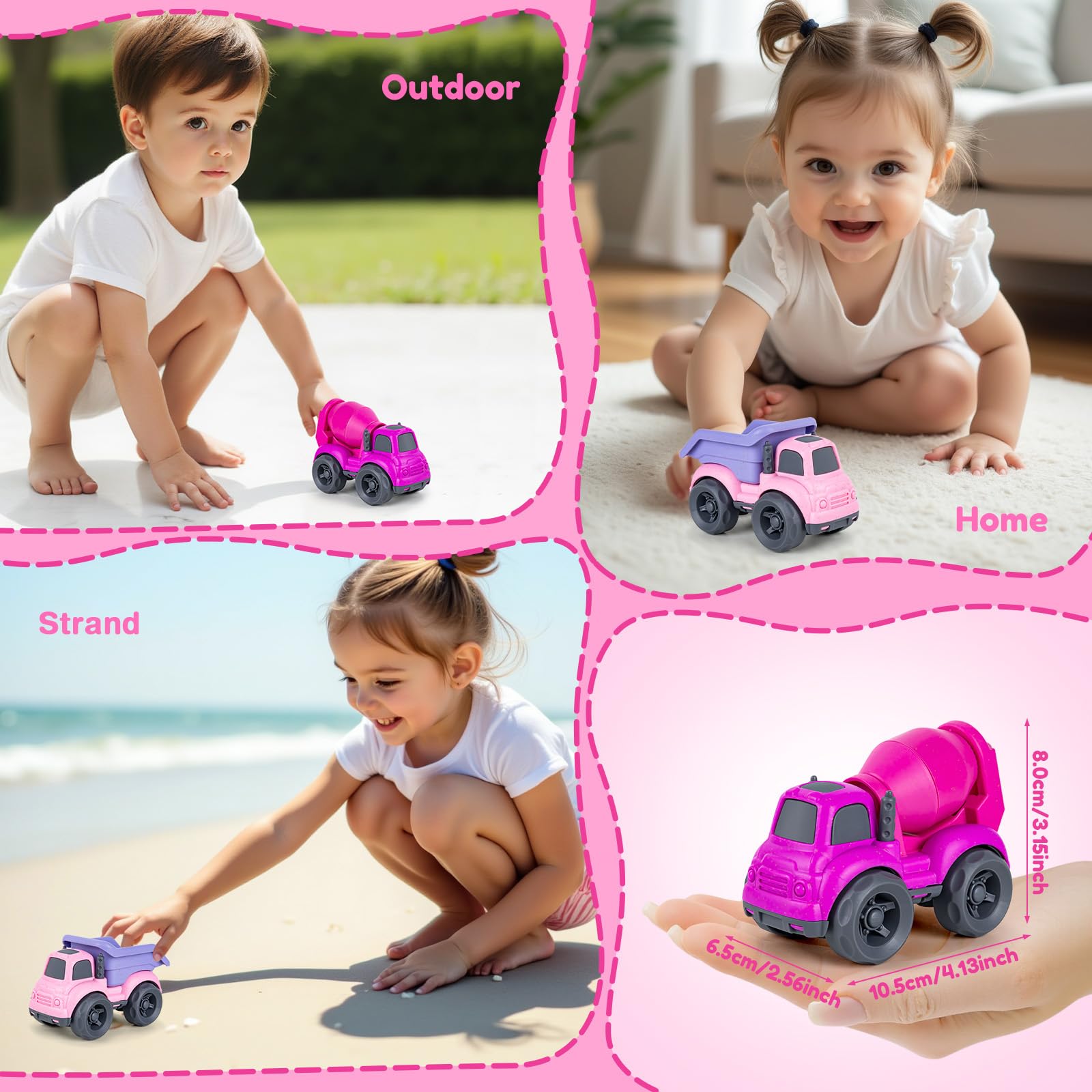 Giochi Bambini 1-3 Anni | Camion Costruzione (Betoniere + Autocarro) – Giocattolo Ecologico in Paglia Naturale e Plastica Riciclata | Ideale per Spiaggia, Giardino e Sabbia | Facile da Lavare （Rosa）