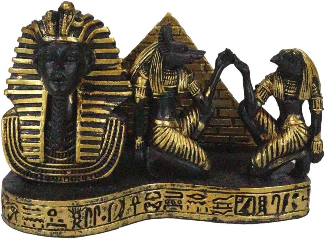Ebros Gift Monumentos egipcios antiguos negros y dorados, pirámide del faraón, Anubis y Horus, tarjetero escultórico con jeroglíficos, dinastía