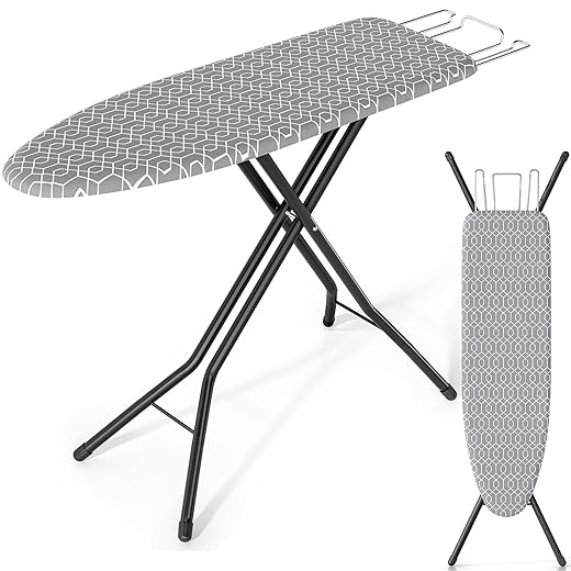 KINGBOARD Foldable Ironing Board Full Size, Iron and Ironing Board Set Standard Size, Iron Boards with Ironrest & Adjustable Height,Heavy Duty Iron Table Stand with Metal Legs &Thick Cover,43x13 Gray