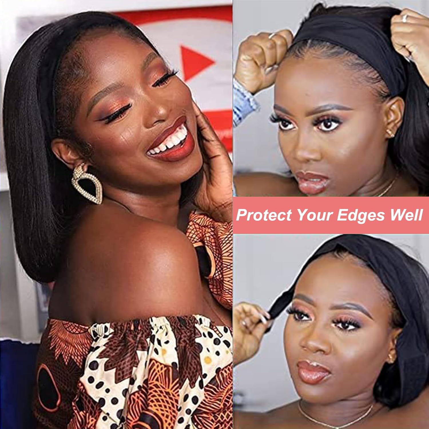 Adette Bob Human Hair Headband Wigs Straight Headband Wigs For Black Women Short Bob Human Hair Wigs Color 1B Natural Black None Front Lace 150% Density Brazilian Human Hair Headband Wig (10")