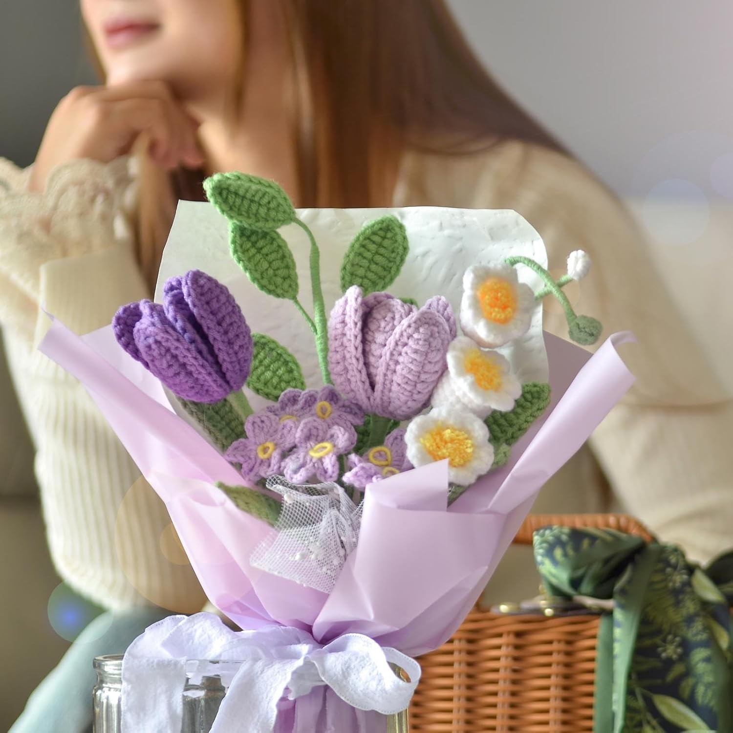 Tulips Crochet Flower Bouquet,Completed Knitted Flowers with Finished Exquisite Wrap,Handmade Artificial Flowers All-Occasion Gift for Wife Girlfriend Women Wedding, Birthday, Anniversary