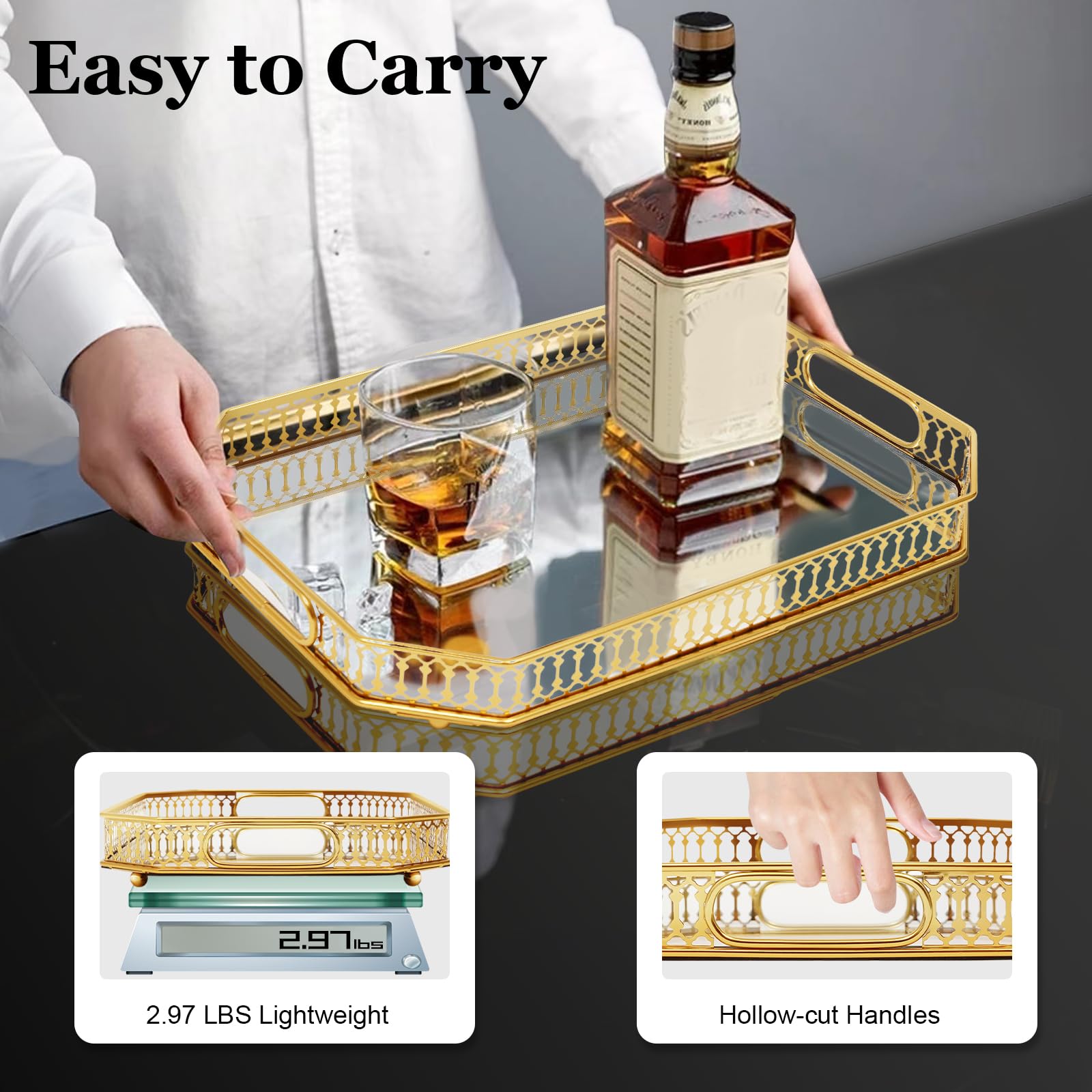 Bandeja de cristal dorada, bandeja de espejo con asas, bandeja decorativa, bandejas de espejo, bandejas de perfume, bandeja de baño para salón, baño, cocina, rectangular, 35 x 25 x 5 cm