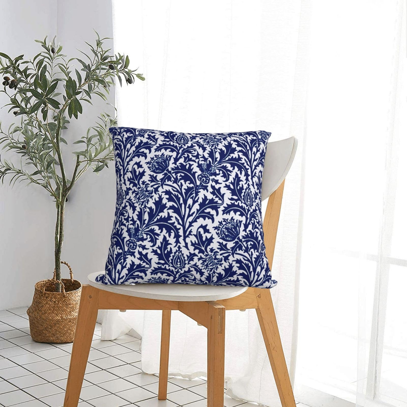 Thistle Damask Navy Blue and White William Morris Greenery Forest Animals Pheasant Decorative Throw Pillow Covers 18x18 inch Soft Pillowcase Aesthetic Cushion Cover for Home Decor Sofa Living Room - Image 3