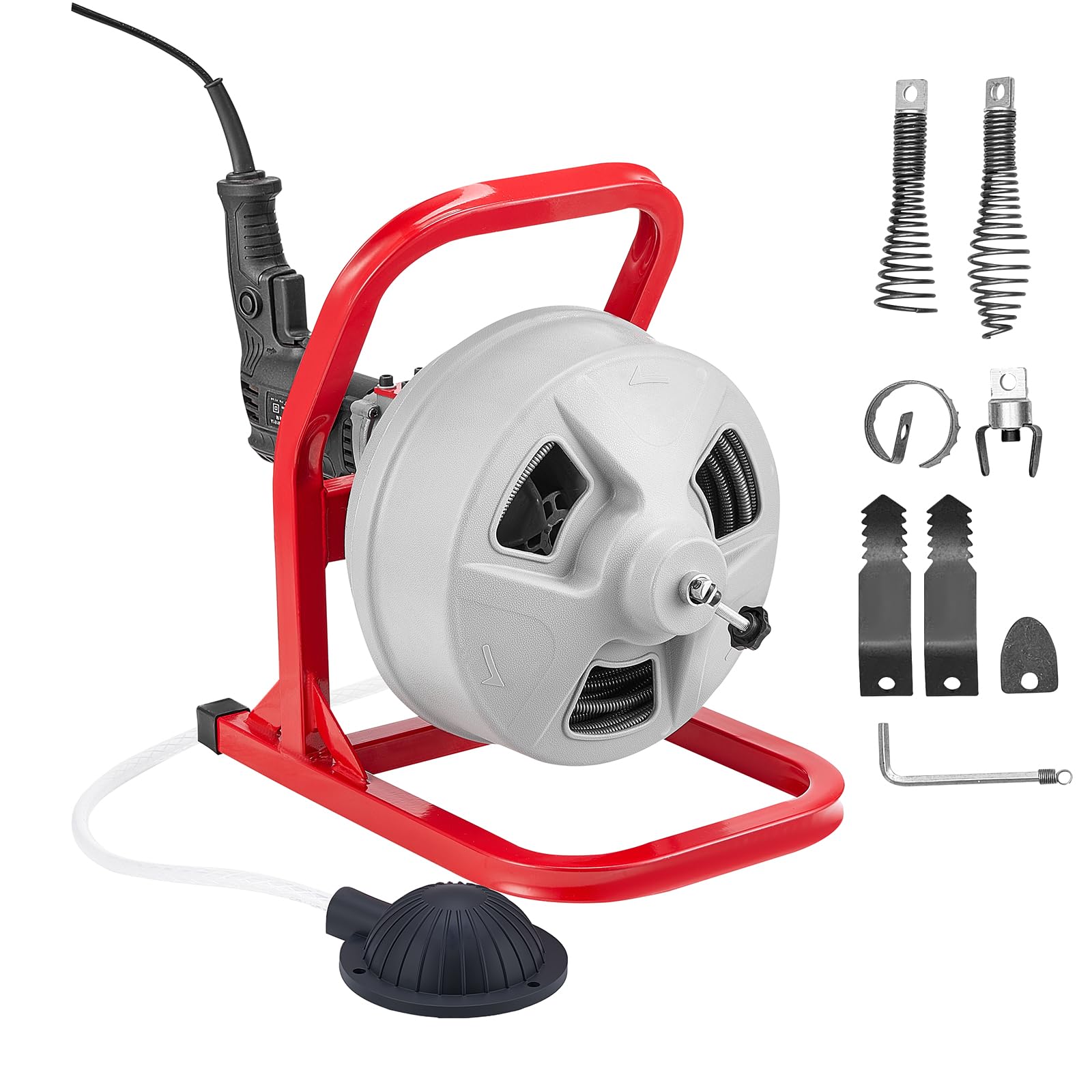 Photo 1 of VEVOR Drain Cleaner Machine 50 FT x 5/16 Inch, Sewer Snake Auger with 228RPM Electric Drill, Manual Feed Drain Cleaning Machine with 6 Cutters & Air-activated Foot Switch for 2" to 4" Pipes