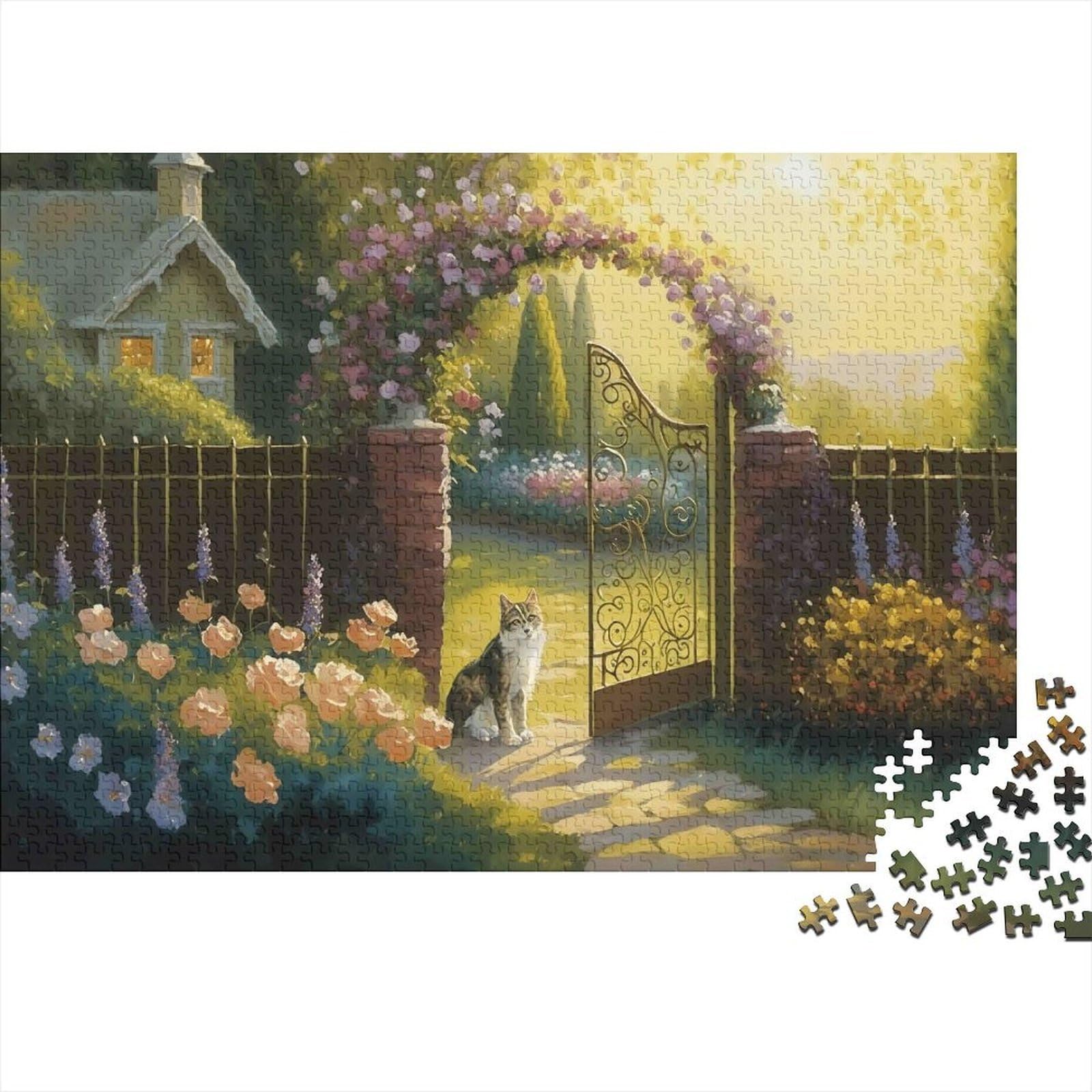 Garden Entrance 1000 Piece Jigsaw Puzzle Paper for Adults Cat and Flowers Puzzle Game for Family Home Decor Gift 38x26cm/1000pcs