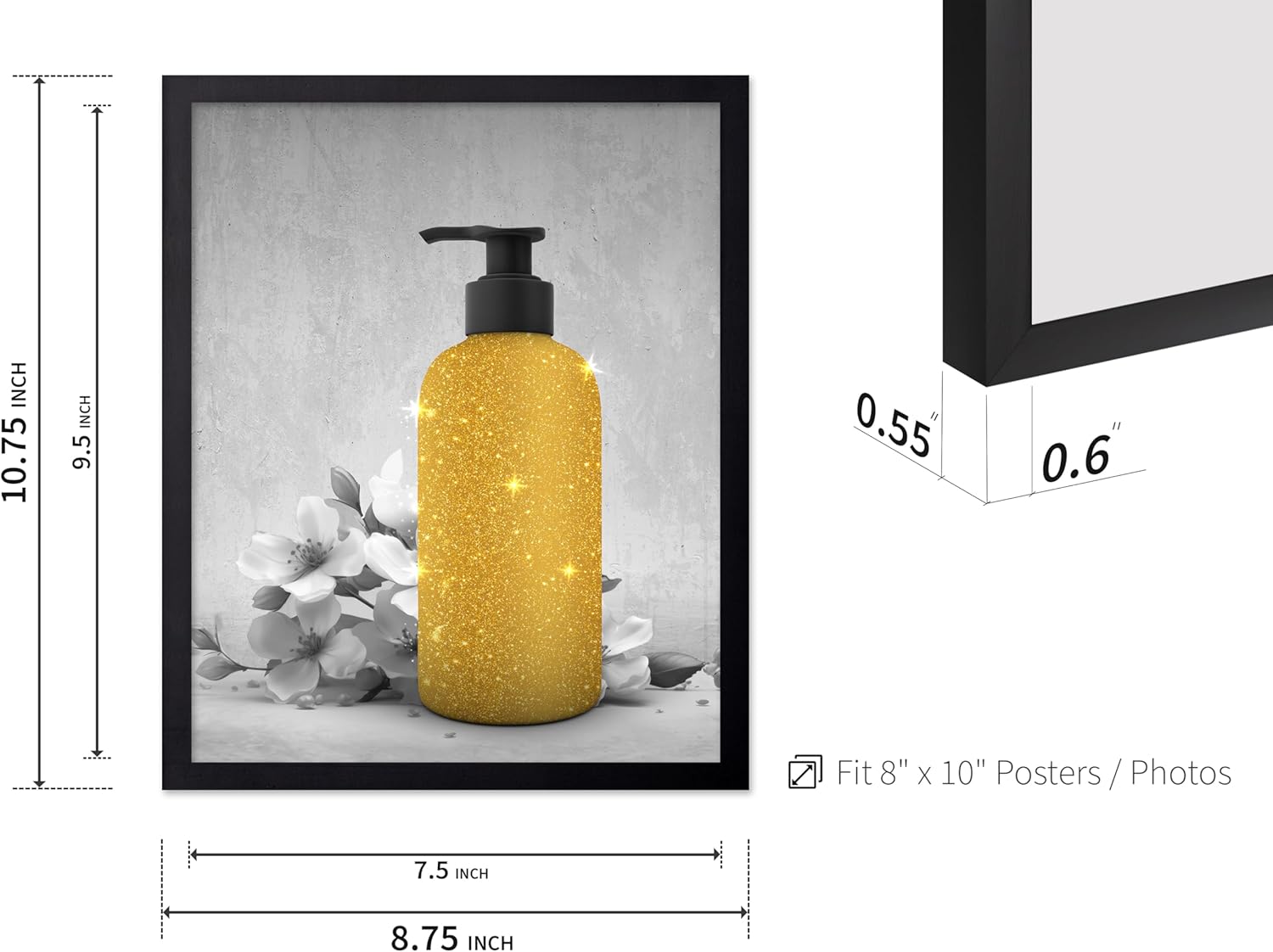 Poster Master 4-Piece Bathroom Accessories Poster - Gold Restroom Print - Trendy Art - Modern Art - Bathroom Wall Decoration - Guest Bath Decorations - Powder Room Wall Decor, 8x10 Black Framed
