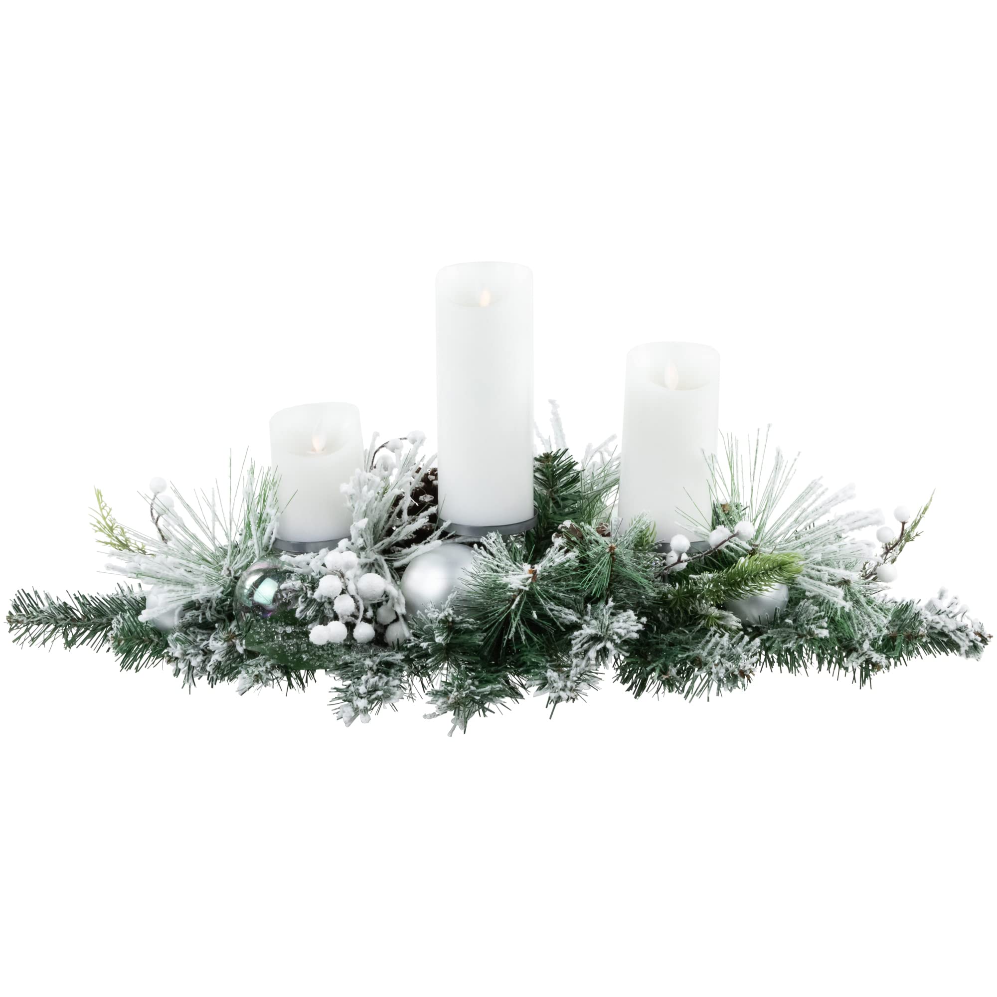 Flocked Pine Triple Candle Holder with Iridescent Christmas Ornaments - 30