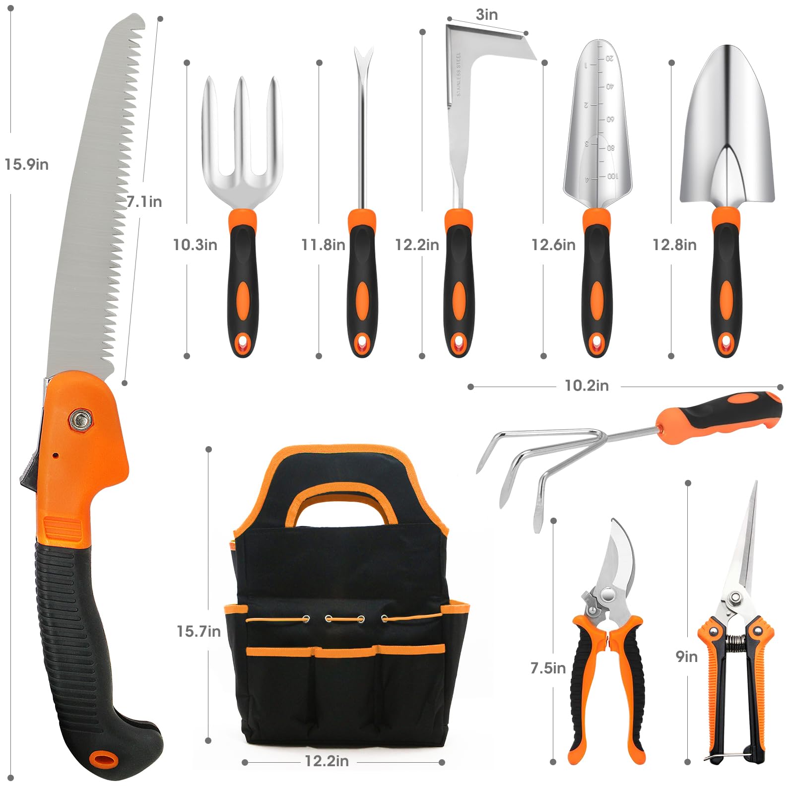 Gartden Tools, 10 herramientas de jardín de acero inoxidable para jardinería con mango ergonómico antideslizante, herramientas de mano de jardín con bolsa de mano para mujeres, hombres, regalo 2