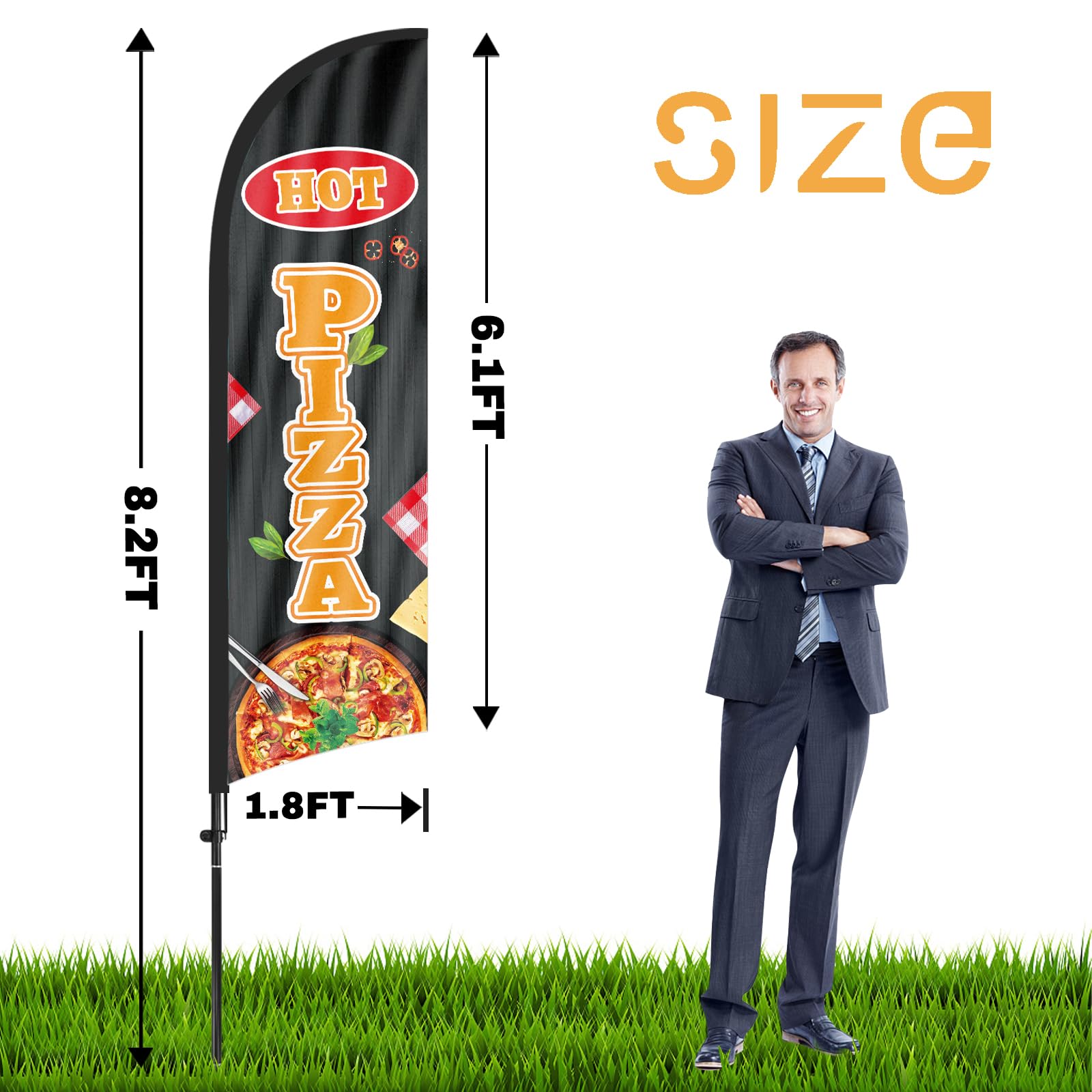 Drapeau à Plume Pizza 8FT - Kit Complet Avec Poteau Et Piquet - Publicité Extérieure Pour Pizzeria