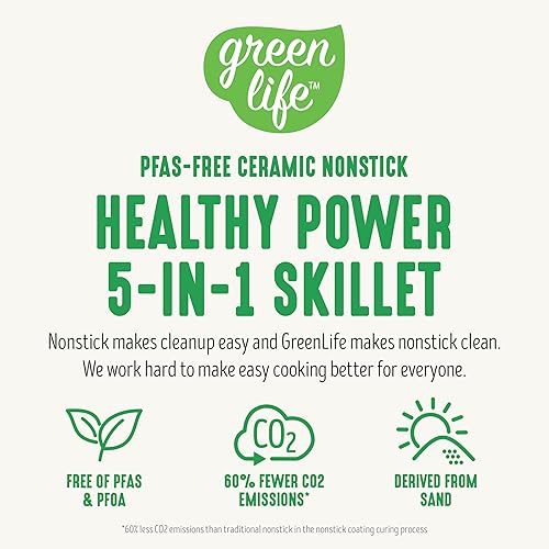 Miniatura 8 de GreenLife Sartén eléctrica cuadrada de 5 cuartos de galón, tapa ventilada de vidrio, interior recubierto antiadherente de cerámica sin PFAS, control