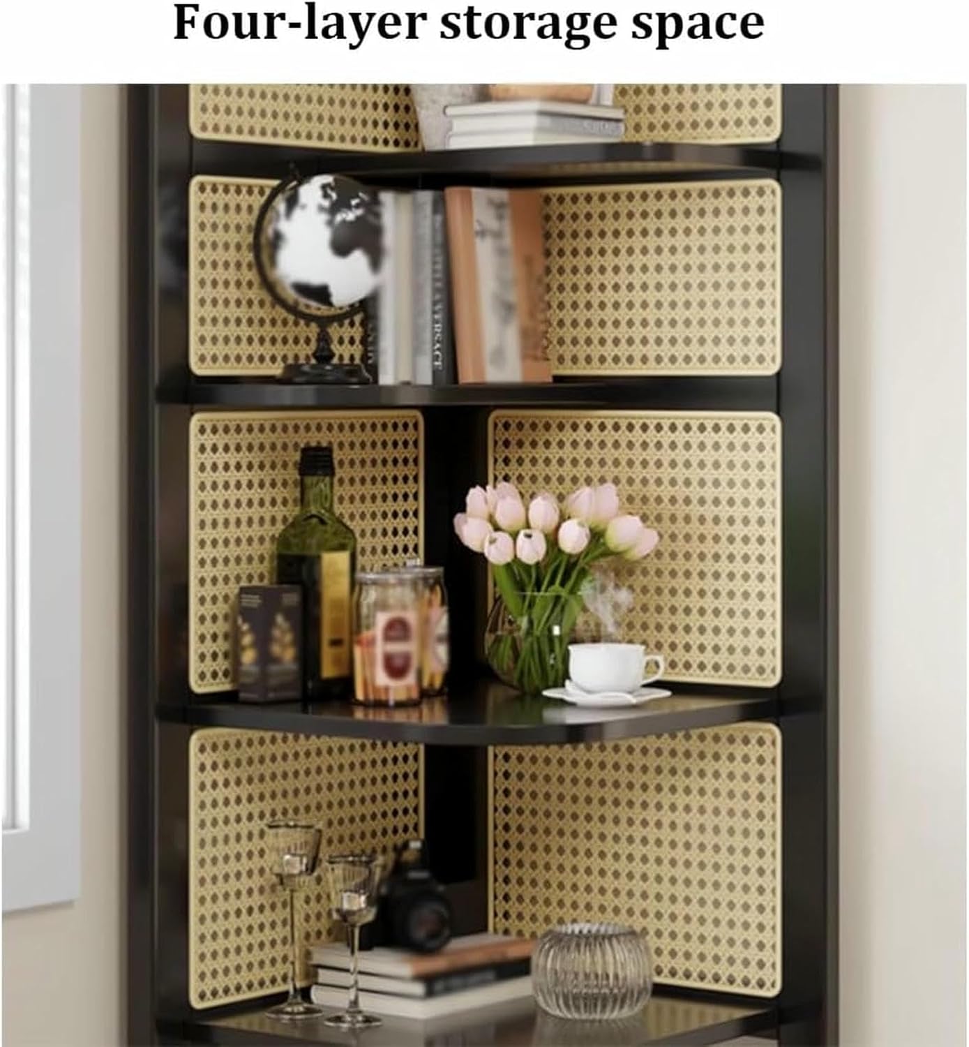 4-Tier Freestanding Rattan Corner Shelf - Multi-Tier Bookshelf & Organizer with Rounded Corners for Living Room, Heightened Leg Design