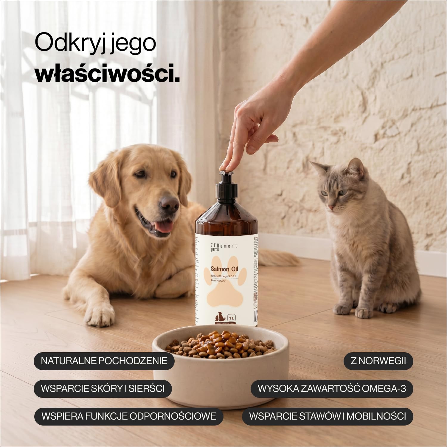Olej z Łososia 100% Naturalny dla Psów i Kotów – Norweskie Pochodzenie, Omega-3, 6 i 9 z EPA, DHA i DPA – Skóra, Sierść i Stawy – 1000 ml z Pompką Dozującą – Zenement Pets