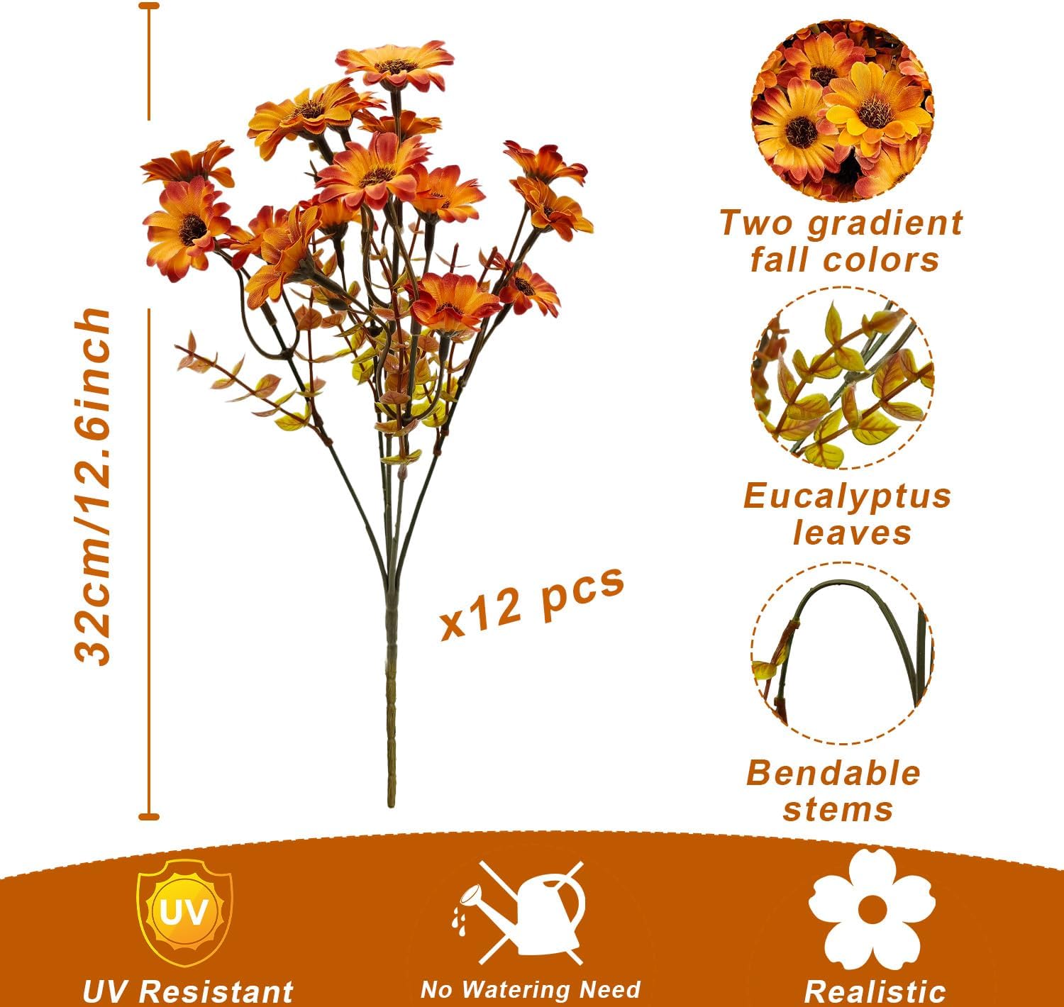 12 Bundles Artificial Mums for Outdoor Fake Mums Silk Orange Daisy Flowers image 3