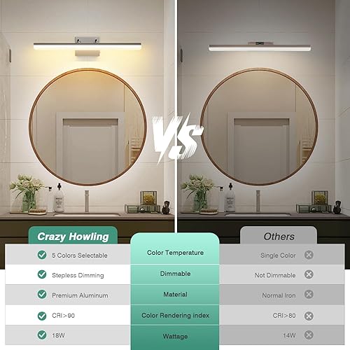 Miniatura 9 de Luz de tocador de níquel cepillado de 24 pulgadas, barra de luz LED regulable 5CCT, accesorio de montaje en pared de 18 W con ángulo ajustable y