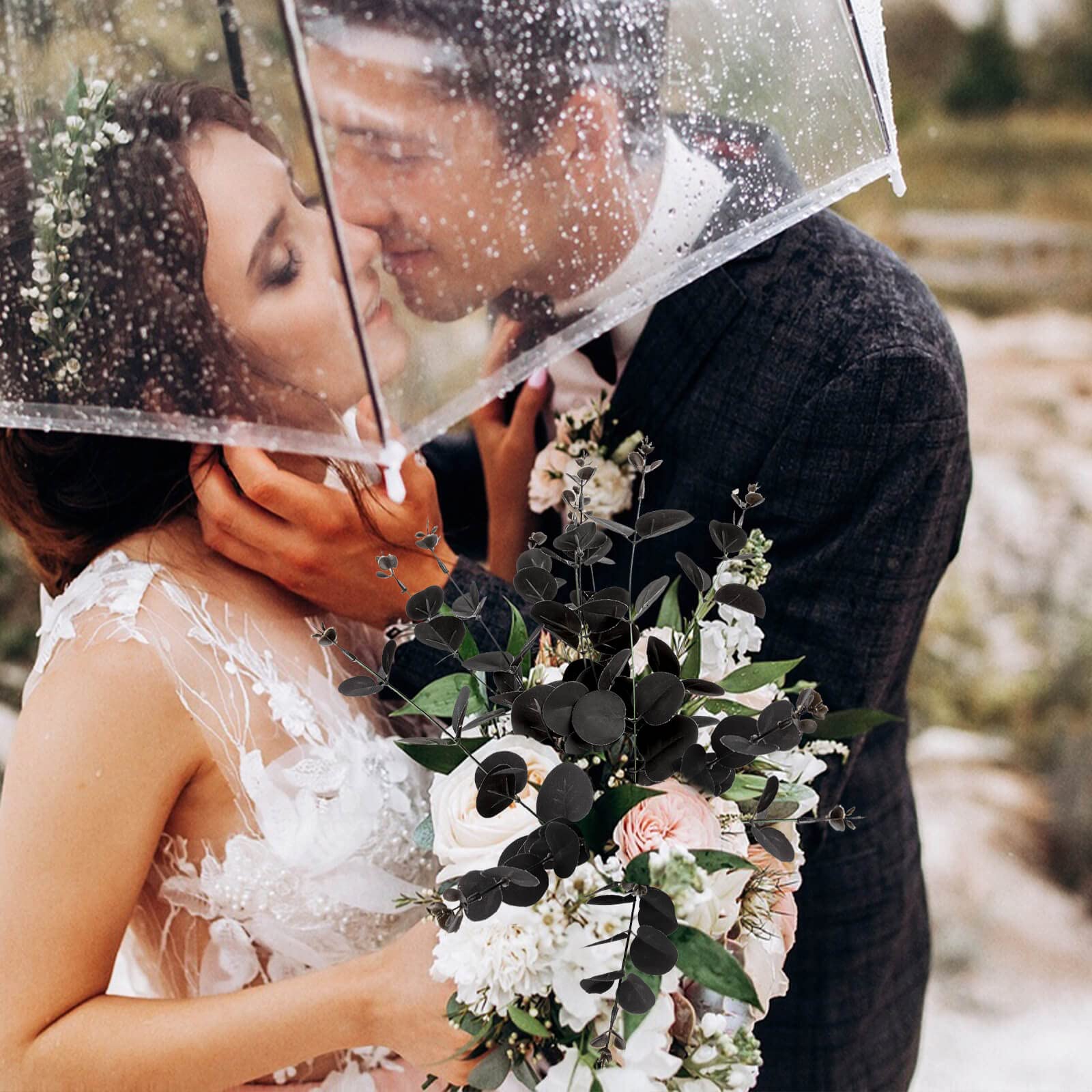 KXCOFTXI Black Eucalyptus Branches, 2Pcs Artificial Eucalyptus Stem Halloween Bouquet Filler for Halloween, Goth Party, Wedding Bride Bouquet