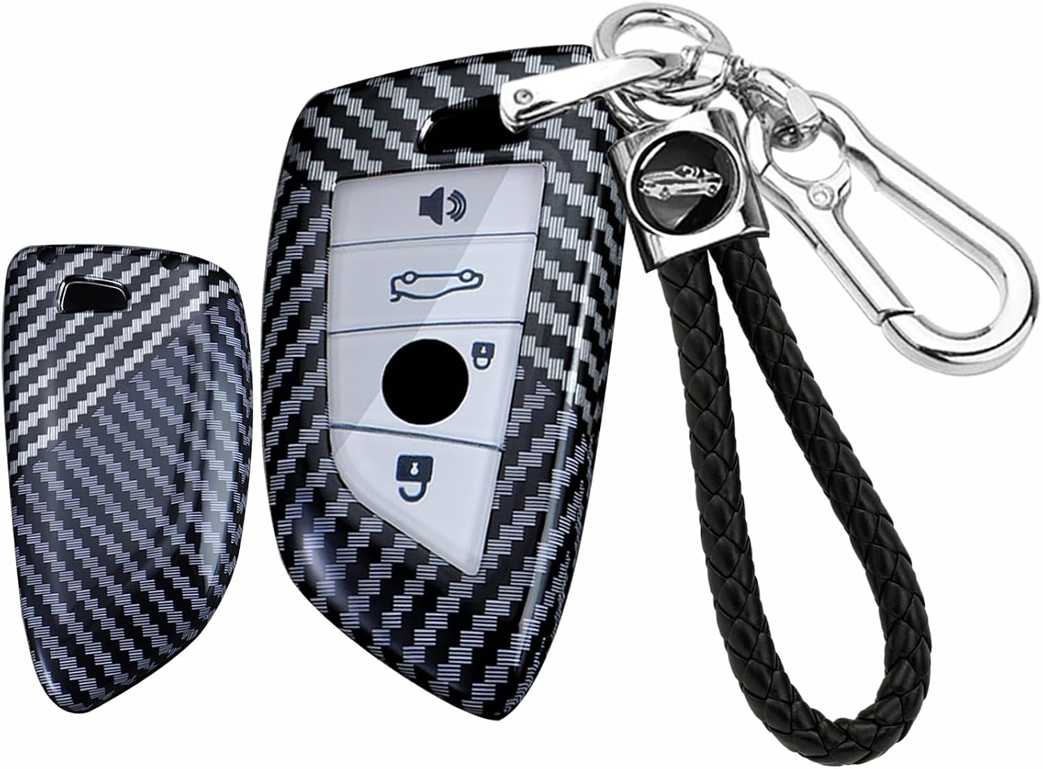 SANRILY Carbon Fiber Pattern Black-Silver 4 Button Smart Key Fob Cover Case Fit for BMW X1 X5 X6 X3 X4 X7 2014-2022, 2 3 5 6 7 M SeriesKeyless with Weave Keychain