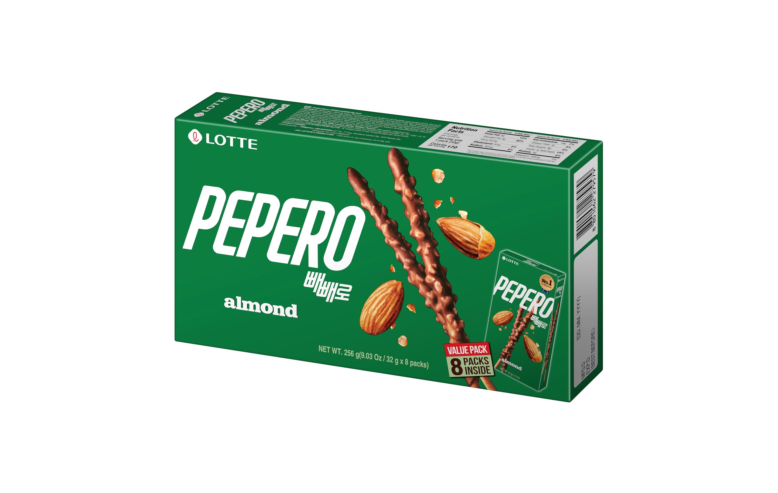 Lotte Pepero Almond Value Pack – 8 x 32g – Crunchy Biscuit Sticks with Chocolate & Almonds