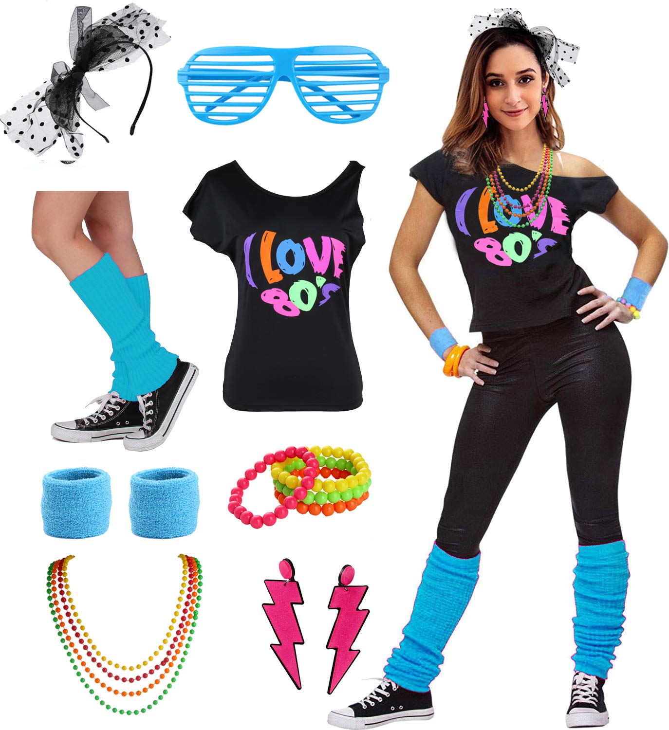 Disfraz estilo disco para mujer de los años 80 "I Love 80's" con accesorios (2XL/3XL, 80s azul)