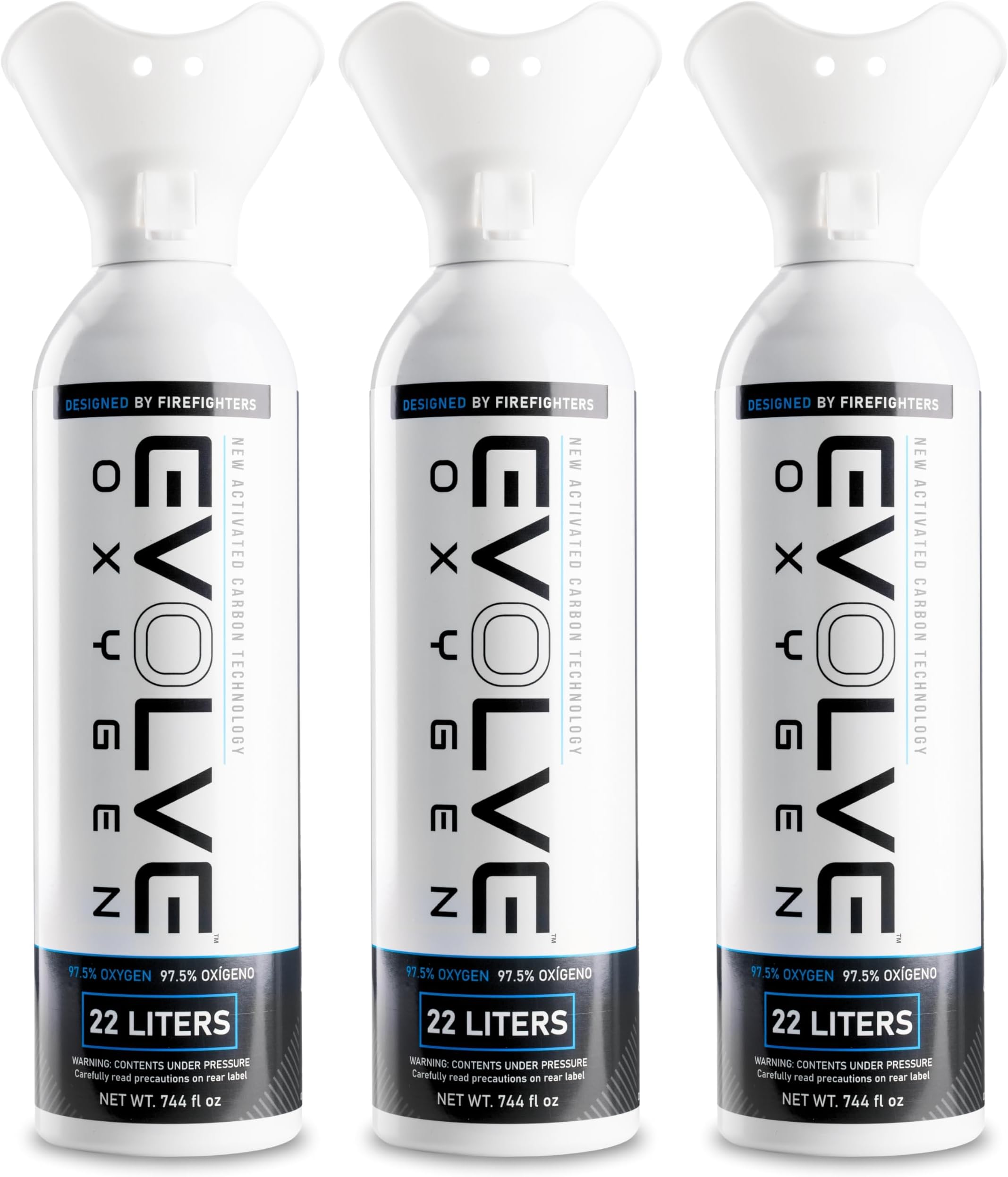 EVOLVE 22-Liter Pure Oxygen Canister with Breathing Cup | Portable Oxygen Can | Ideal for Home Use and Outdoor Activities | Designed by Firefighters | Made in The USA | Pack of 3