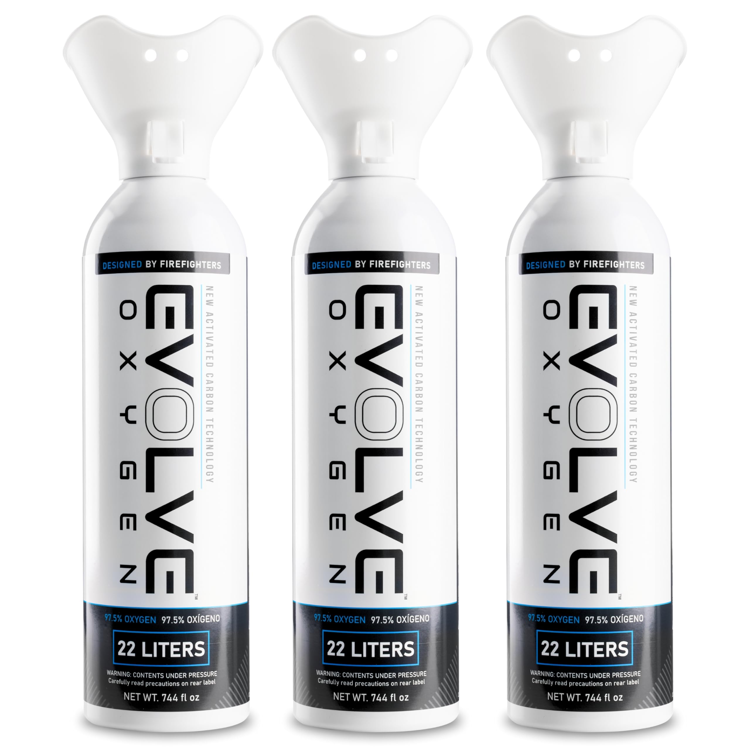 EVOLVE 22-Liter Pure Oxygen Canister with Breathing Cup | Portable Oxygen Can | Ideal for Home Use and Outdoor Activities | Designed by Firefighters | Made in The USA | Pack of 3