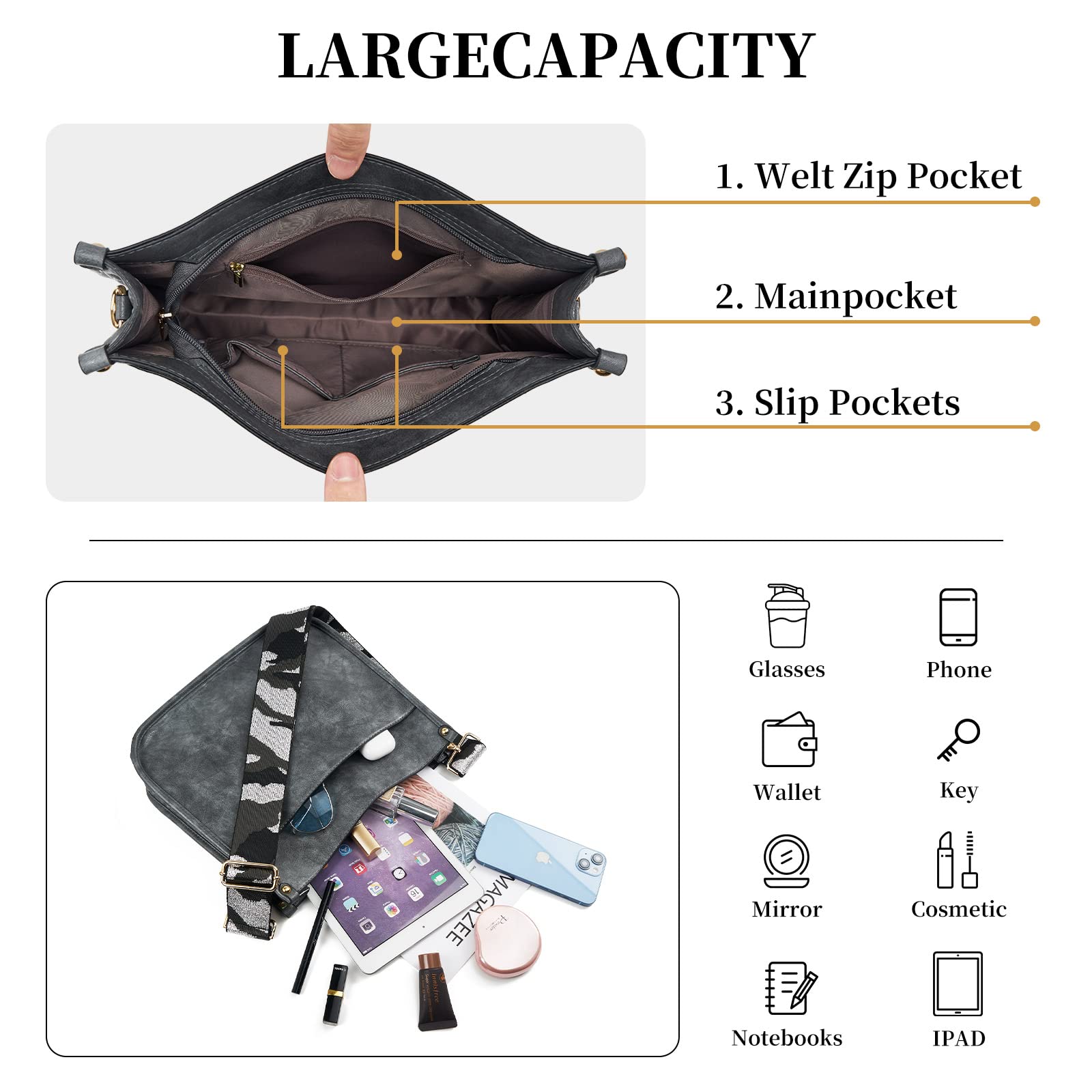 Femmes Sacs à Bandoulière en Cuir Sac à Dos Dame Hobo Sac à Main Poches Zippées Sac Avec Sangle Réglable