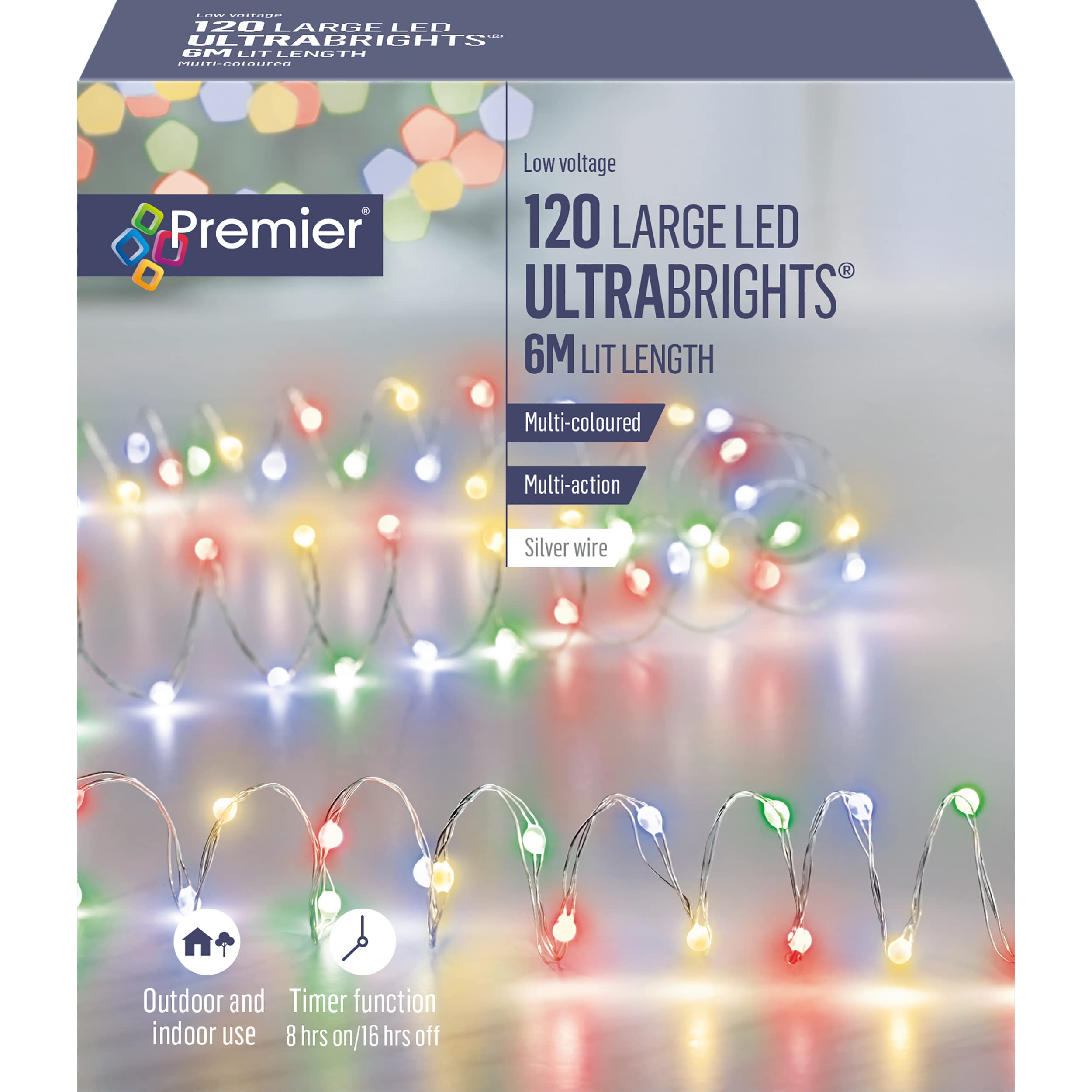 Premier 120 Large LED Ultrabrights Silver Wire 6M - Multi-Coloured