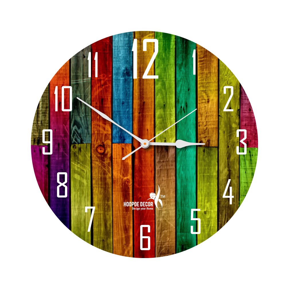 Hoopoe Decor Colorful Wooden Plank Trendy Wall Clock
