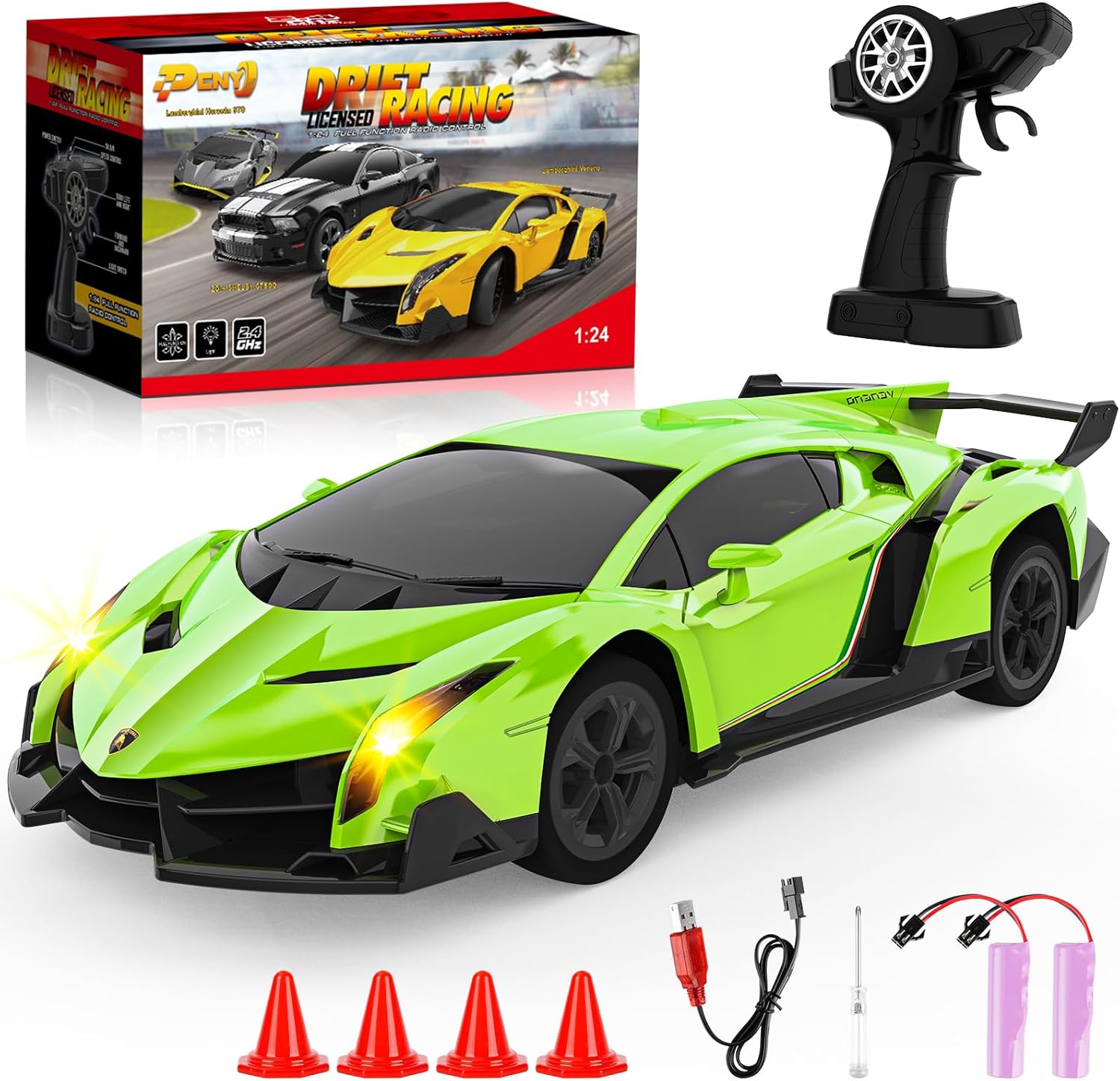 Lamborghini Remote Control Car, Officially Licensed 1:24 Scale 2.4GHz RC Drift Car Toys with Headlight PCS, Lambo Hobby Rc Cars for Boy Girl 4-12 Years Old, Birthday Gift (Green)