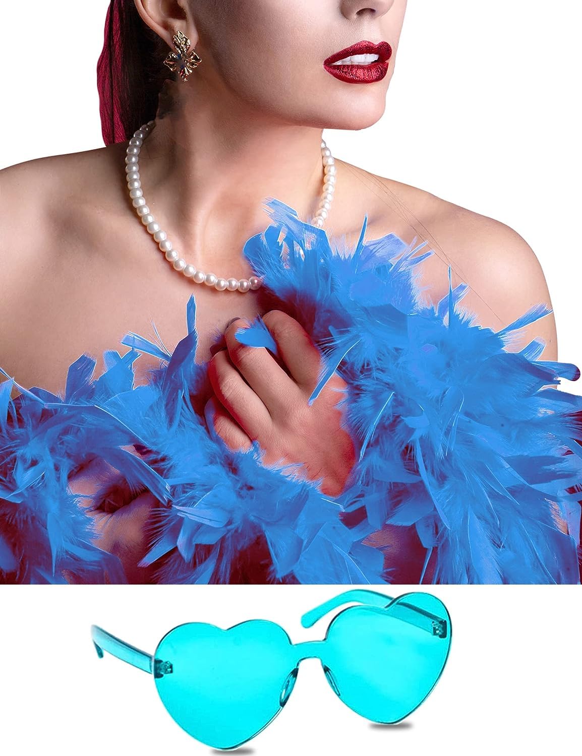 Lot de 8 boas à plumes colorées avec 8 lunettes de soleil en forme de cœur sans monture - 2 m - Pour femme - Pour danse, mariage, fête d'Halloween, Lot de 8, 6.6ft/2m