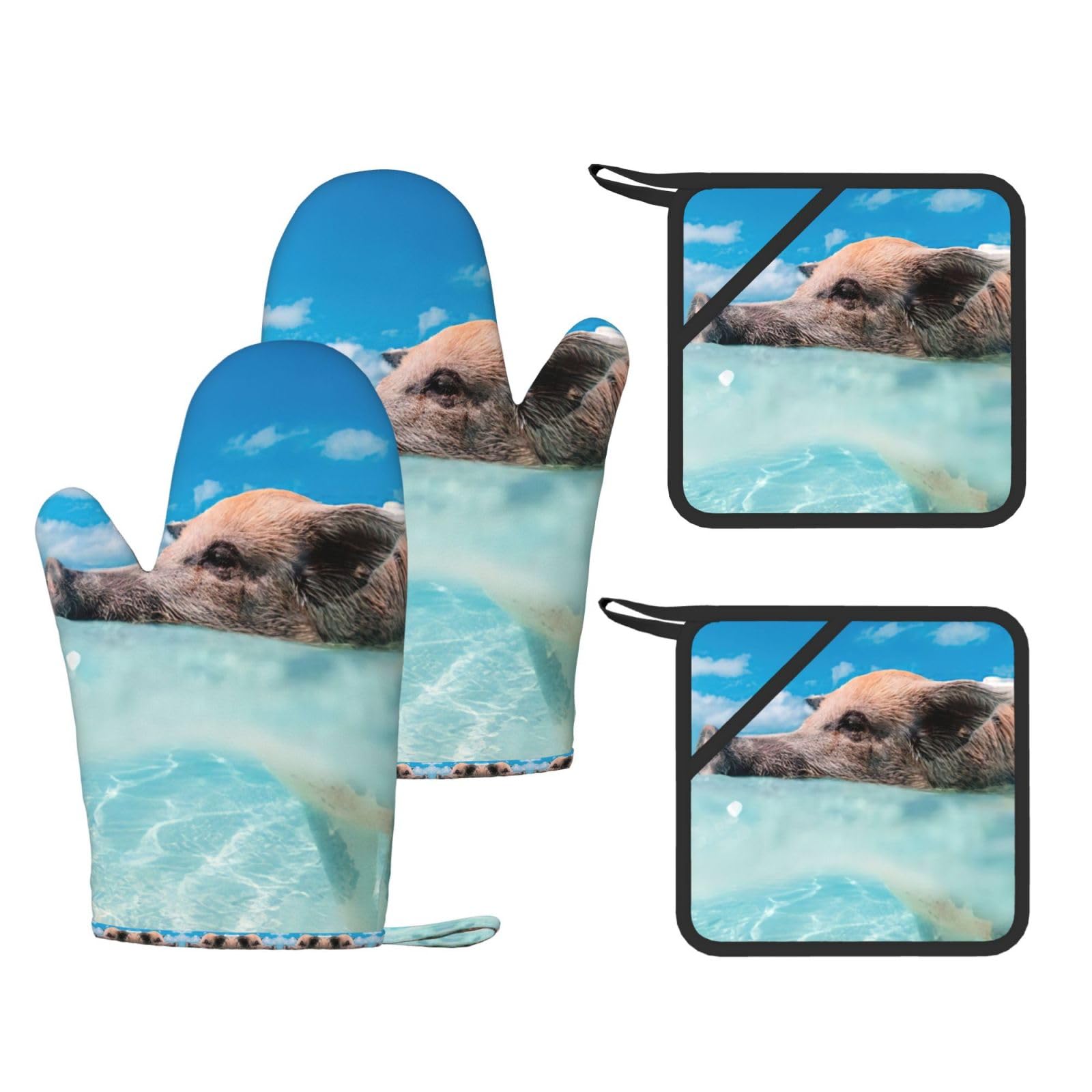Pig Swim Bathe Printed Potholder and Oven Mitt Set of 4, High Heat Resistant Cooking Gloves for BBQ Grilling